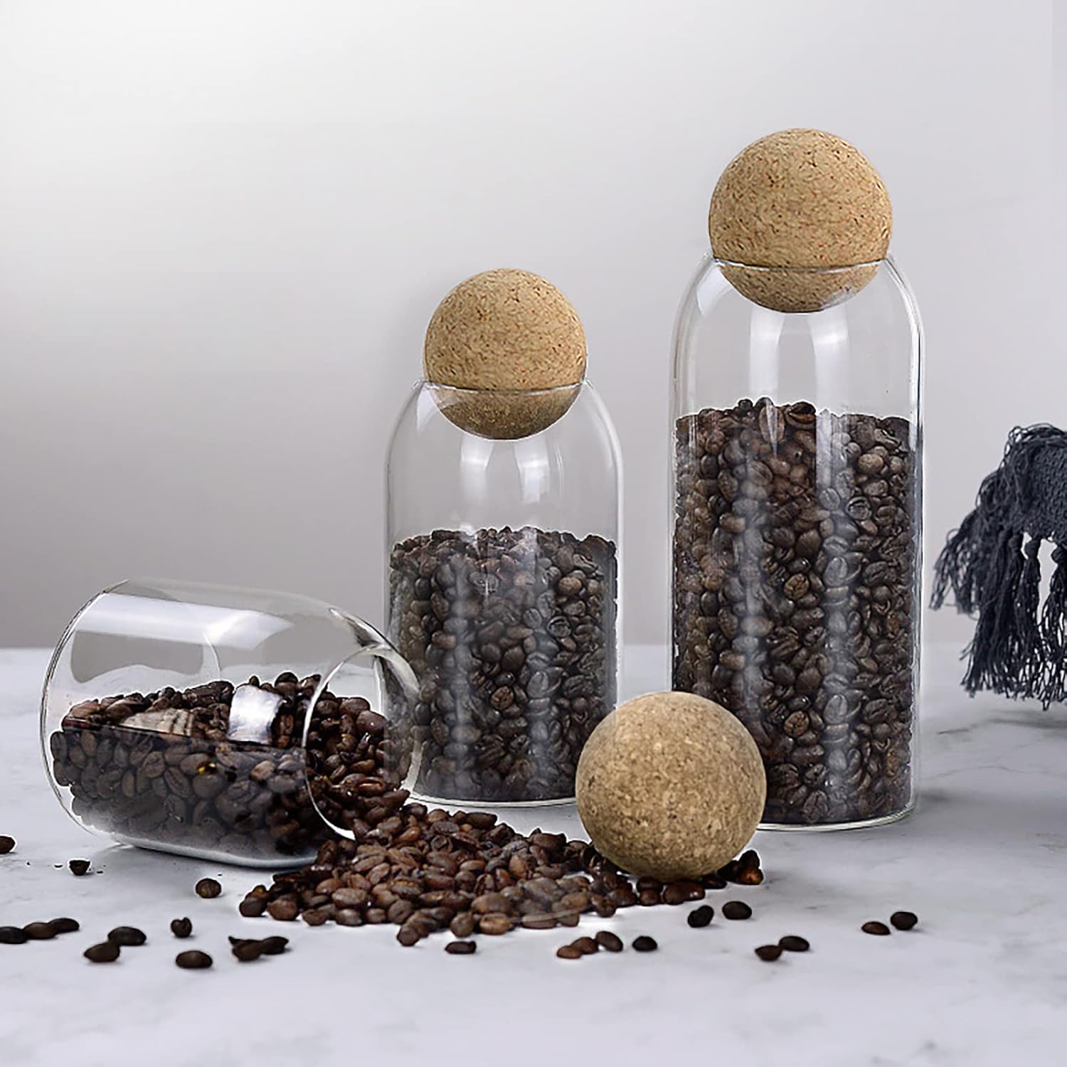 3Pack Glass Storage Jars with Cork Lid Ball, Cute Decorative Organizer Bottle Canister Jar, Clear Candy Jars Canister Sugar Coffee Tea Beans Spice Salt Storage