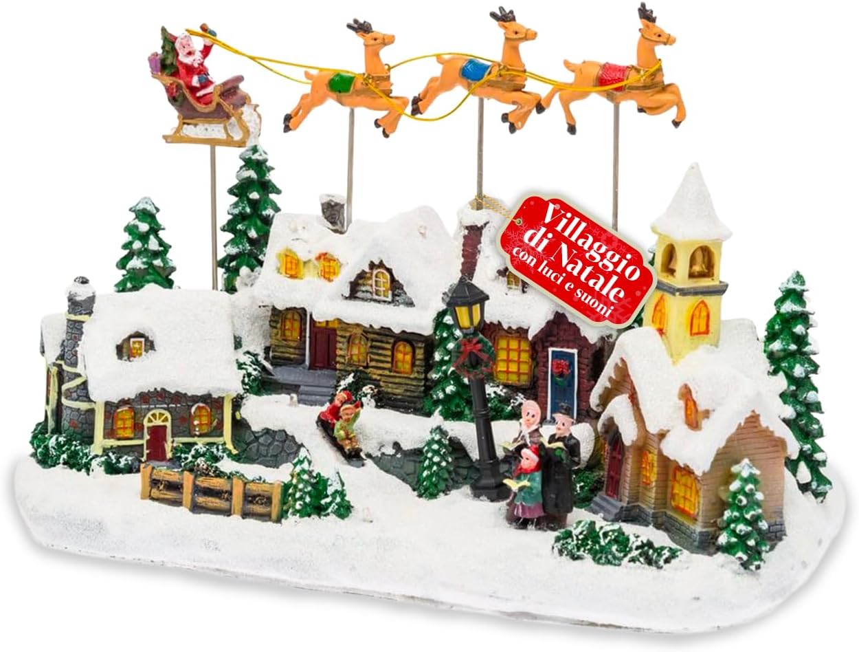 Avilia Frostvale Animated Christmas Village with Moving Sled, Warm LED Lights and Christmas Music, Hand Painted Decoration with USB Cable and Realistic Details for Home or Holiday Gift