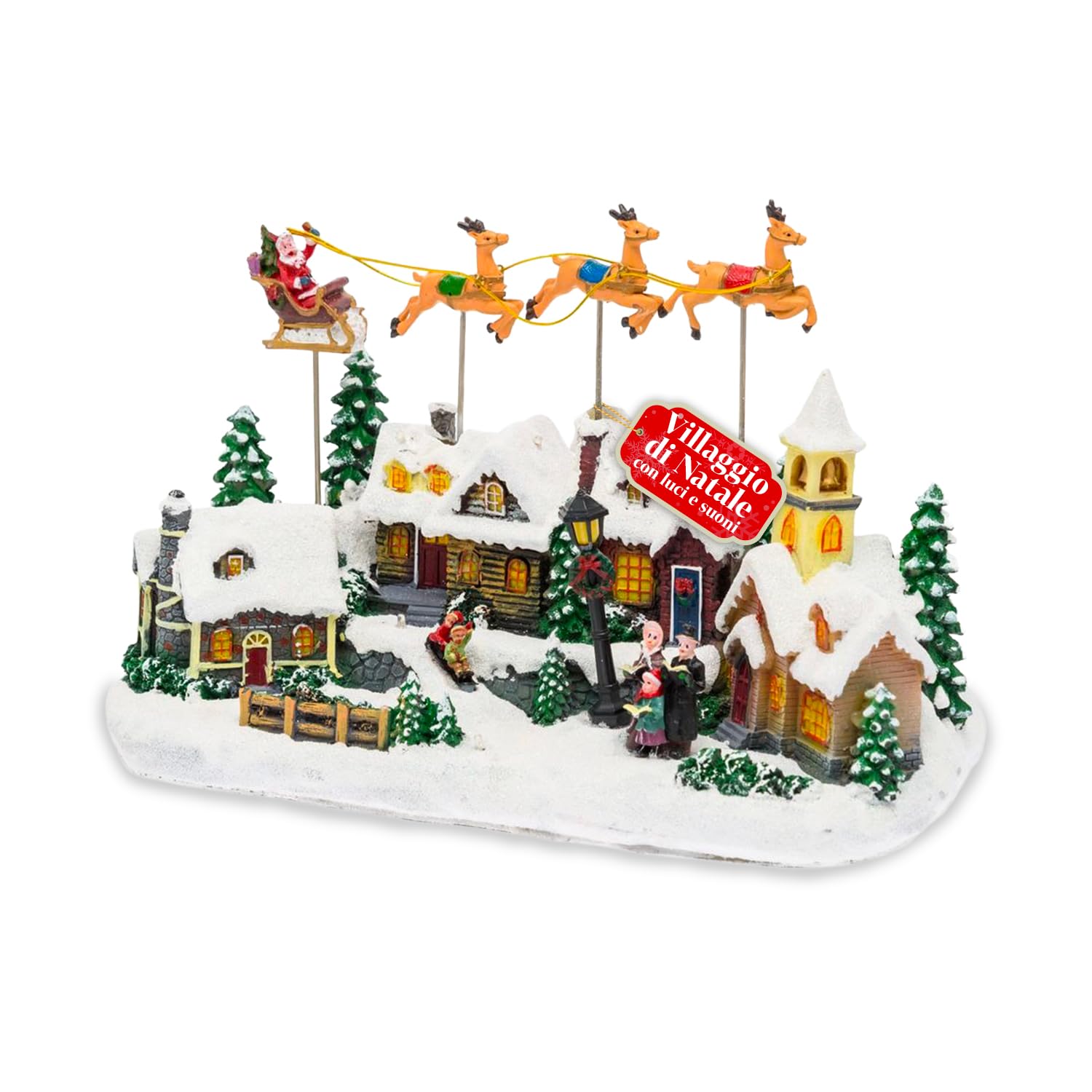 Avilia – Weihnachtsdorf Frostvale Animiert mit beweglichem Schlitten, warme LED-Lichter und Weihnachtsmusik, handbemalte Dekoration mit USB-Kabel und realistischen Details für Zuhause oder Festliches