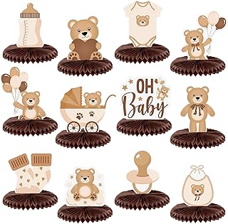 Bencailor 12 Pcs Neutral Cream Bear Baby Shower Honeycomb Centerpieces Bear Table Decorations Bear Baby Shower Decorations Baby Shower Table Centerpieces Table Toppers for Baby Shower Birthday Party