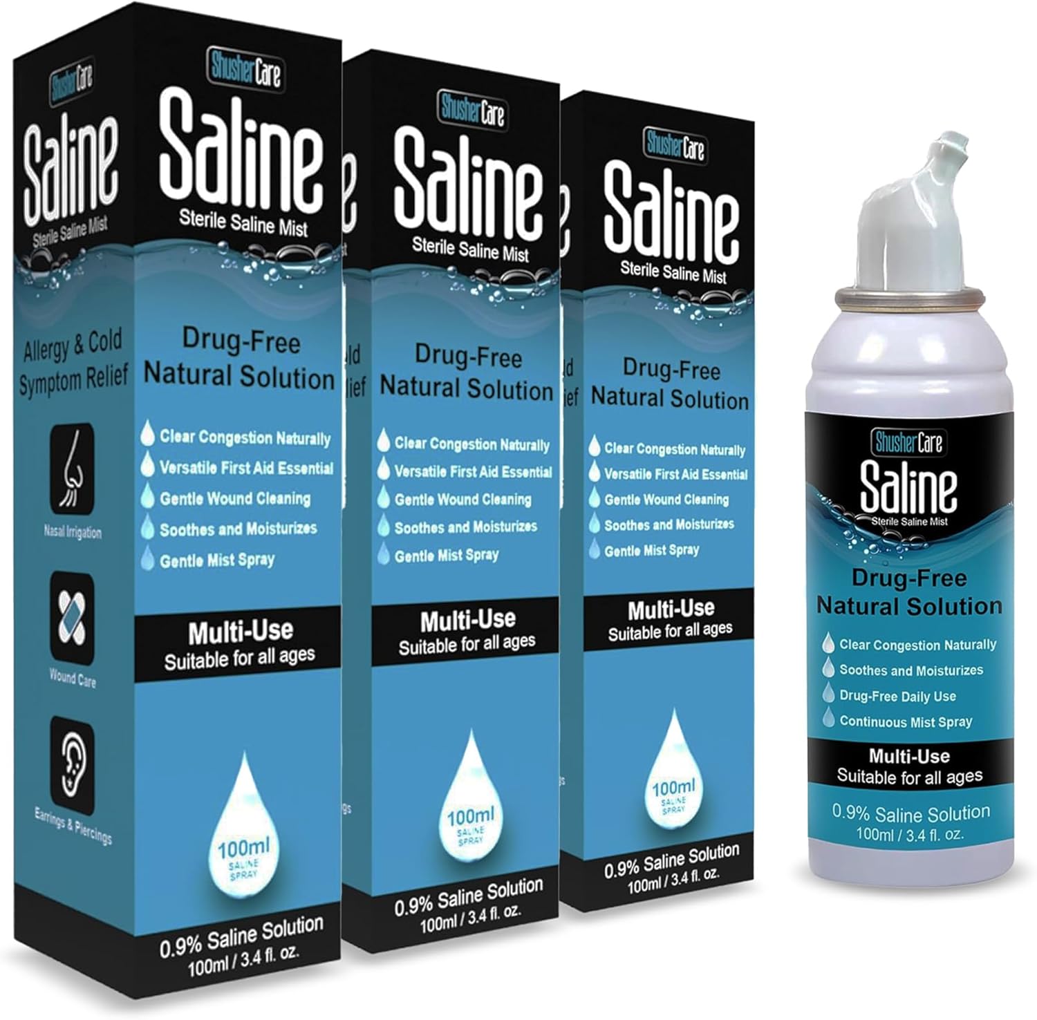 Shusher Care Saline Spray for Nose - Nasal Spray Saline Solution for Newborn, Baby & Adults, Salt Water Decongestant Mist for Stuffy Nose, Travel Friendly, Natural, 0.9% Saline - 100 ml (Pack of 3)