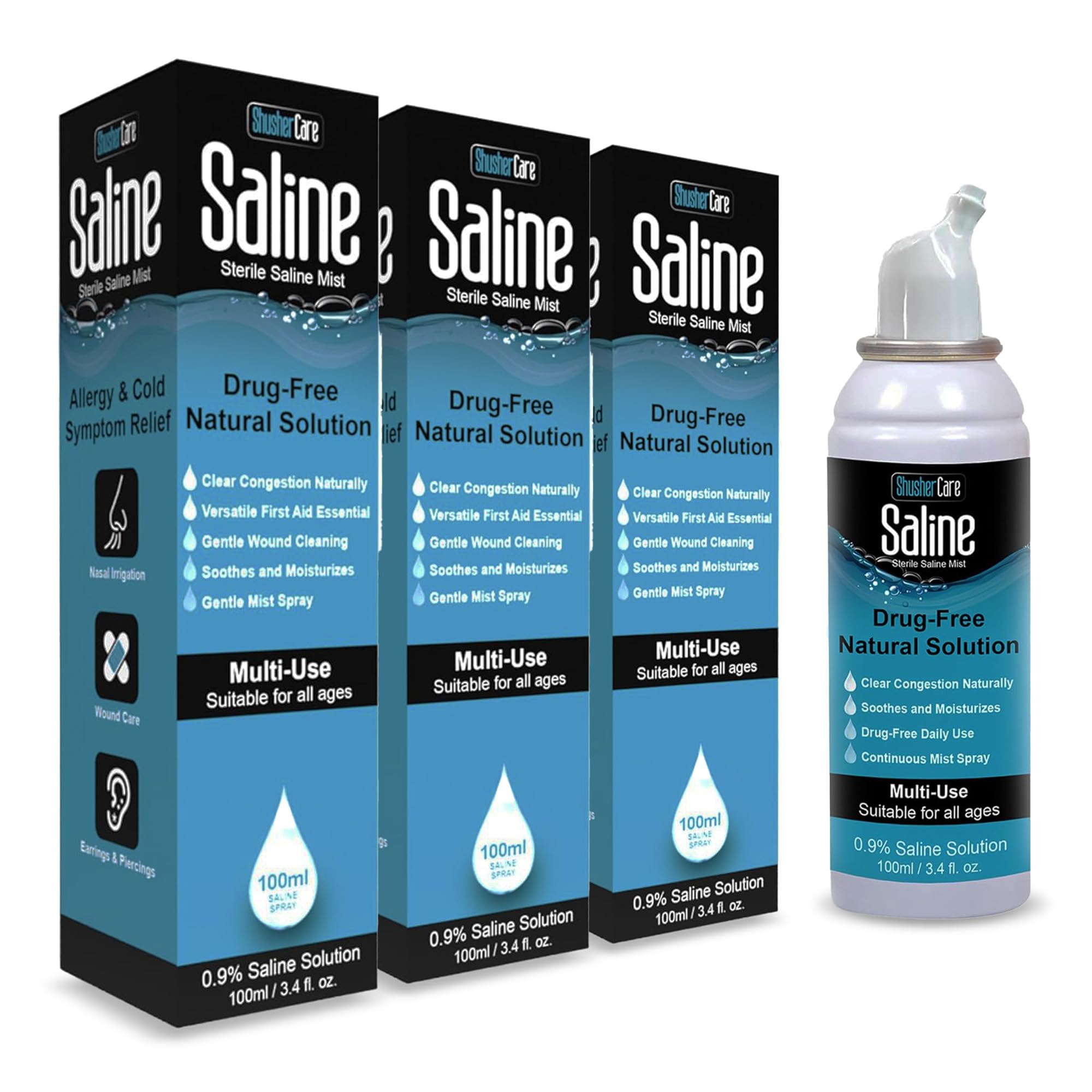 Saline Spray for Nose - Nasal Spray Saline Solution for Newborn, Baby & Adults, Salt Water Decongestant Mist for Stuffy Nose, Travel Friendly, Natural, 0.9% Saline - 100 ml (Pack of 3)