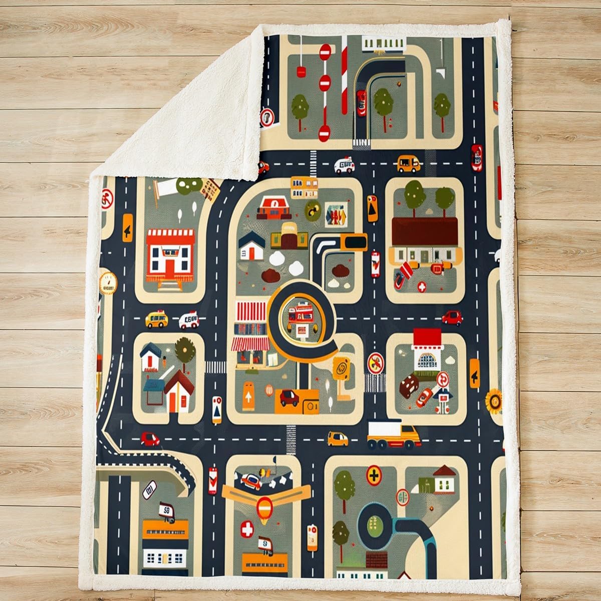 Castle Fairy Cartoon Car Throw Blanket,Kids 3D City Traffic Road Map Blankets for Child Boys Teens Room Decor,Geometric Lines Street Car Fleece Blanket Modern Dark Green Blue Sherpa Blanket,60"×80"