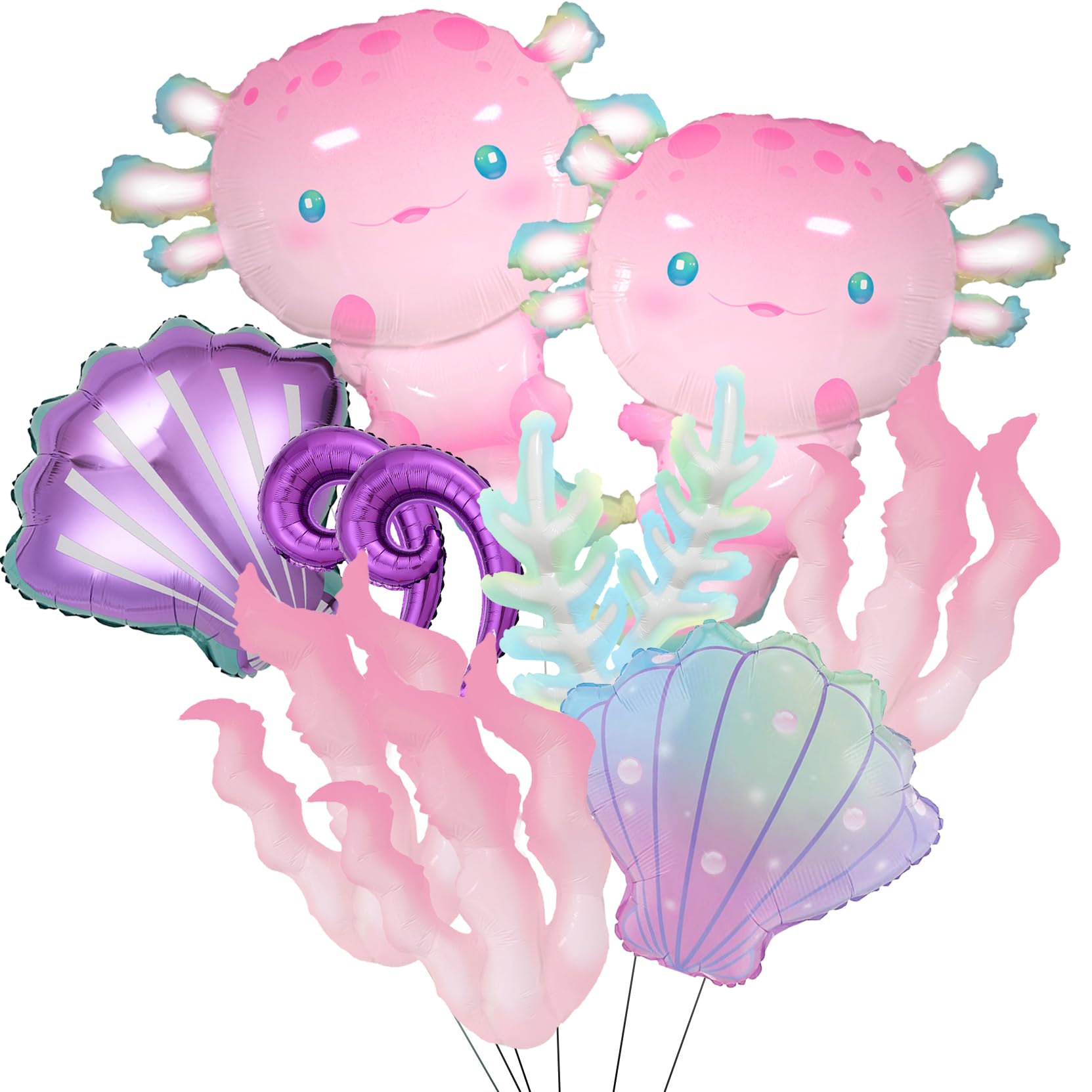 Photo 1 of 11Pcs Pink Axolotl Balloons,Seashell Coral Seaweed Balloon For Axolotl Birthday Party Decoration/Under the sea,Mermaid Party Decor,Axolotl Graduation,Pixel Game Axolotl Party Decor