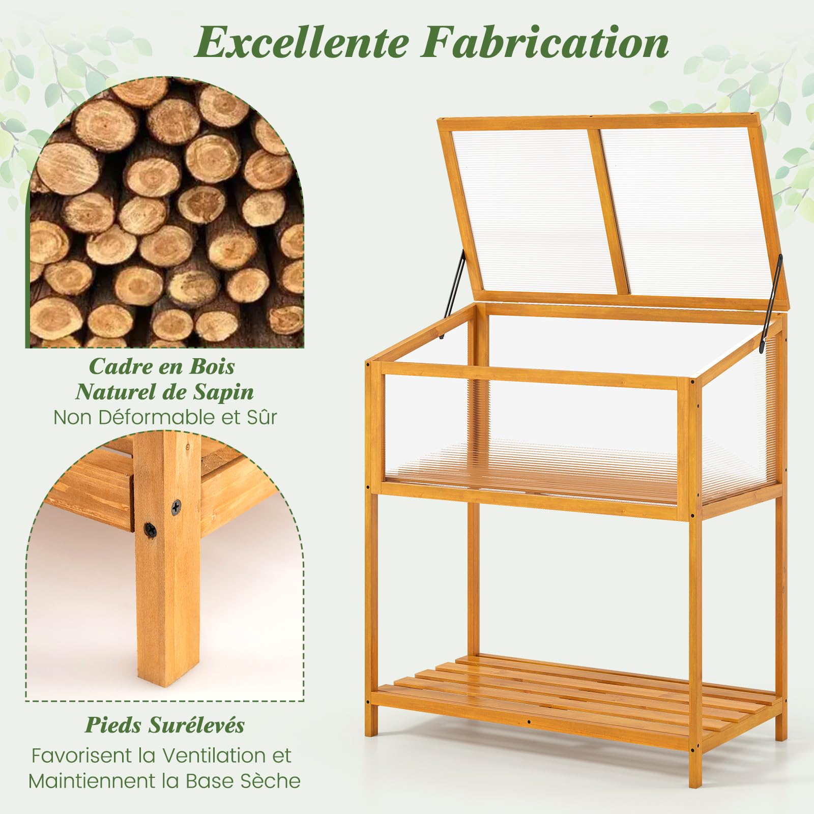 COSTWAY Serre de Jardin en Bois de Sapin, Serre Surélevée Extérieur avec Toit Transparent Ouvrant Étagère de Rangement à Lattes, Gain de Place pour Jardin Véranda Balcon, Orange (90 x 50,5 x 105 cm)