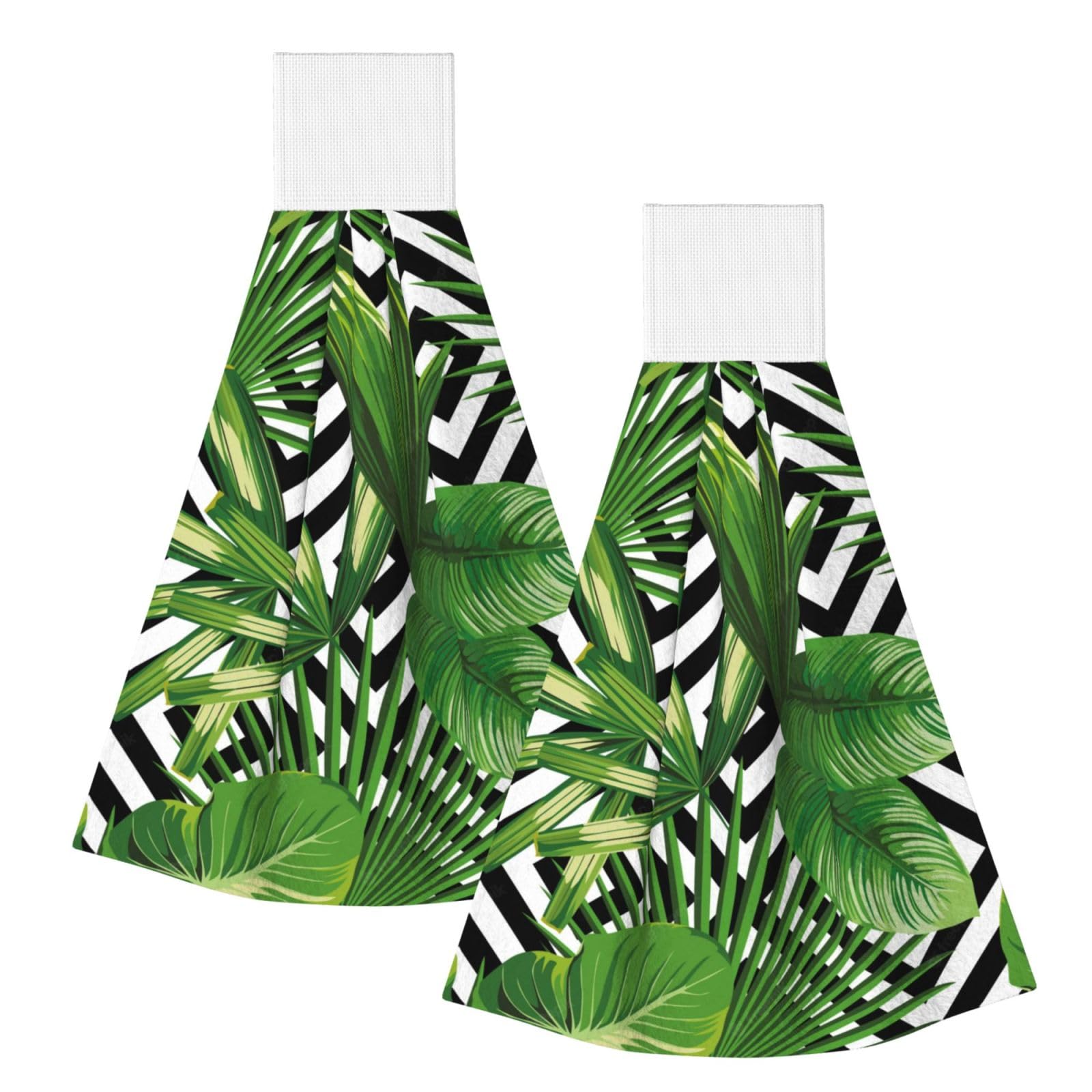 DOPKLNA Green Leaves Of Palm Tree Tropical Plant, 2 Pcs Hanging Coral Fiber Hand Towels for Bathroom, Absorbent Kitchen Towels