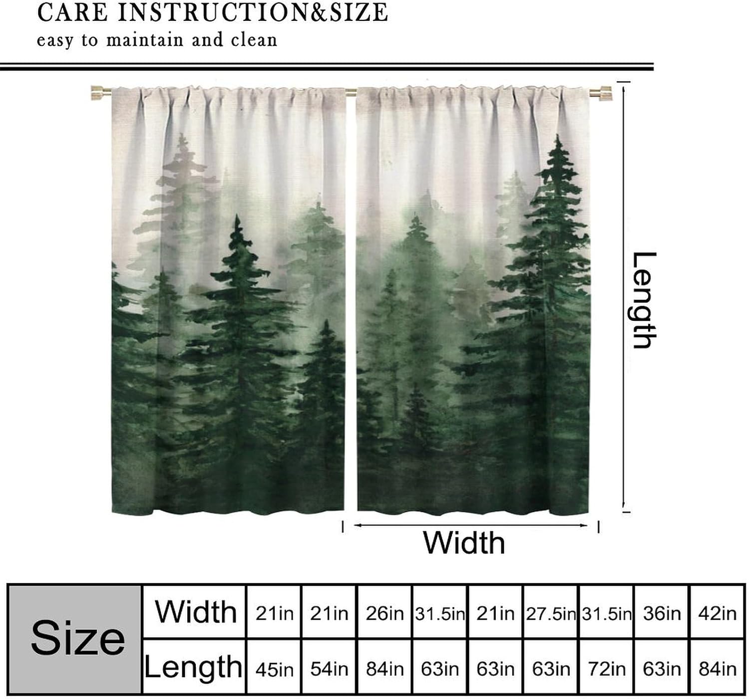 Misty Forest Curtains Nature Landscape Fog Watercolor Pine Tree Mountain Ink Painting Blackout Window Drapes for Bedroom Living Room Kitchen Cafe Decor （W21xL54 Inch） x2 Panels