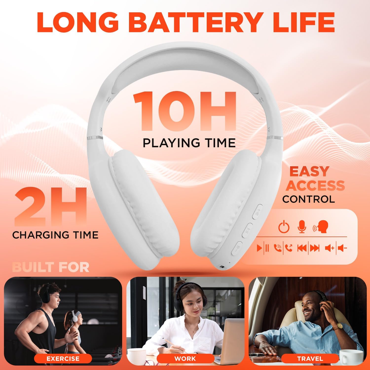 HyperGear Wireless Headphones Bluetooth White- Noise Isolation Headphones Wireless Over The Ear Head Phones, Gym Headset Built-in Mic Controls Square Foam Cups Foldable Headphone for Women and Men - Image 3