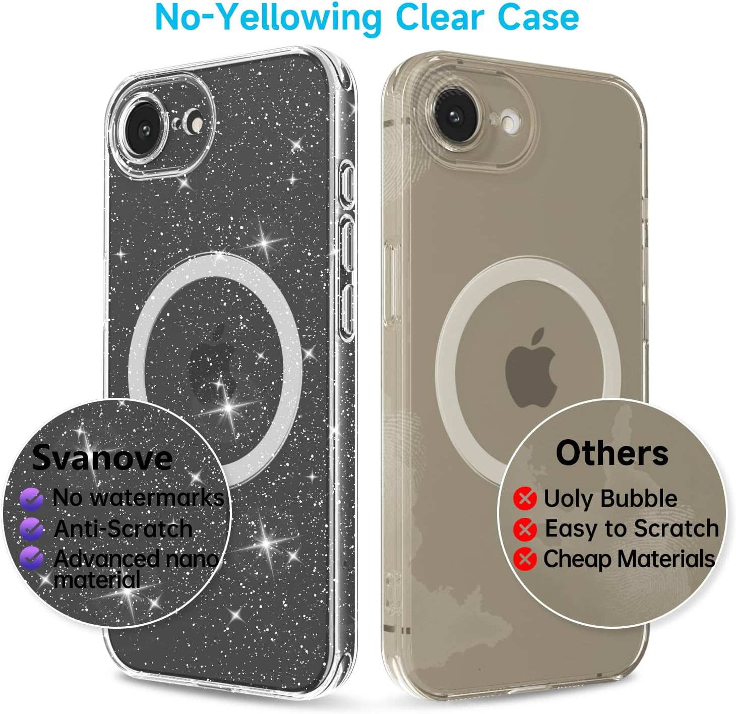 Svanove for iPhone 17e 16e Case Clear Glitter Compatible with Magsafe, Sparkly Bling Transparent Slim Thin Magnetic Mag Safe Case Cute, Girly Aesthetic Glittery Shiny Sparkle Rubber for Women Girls