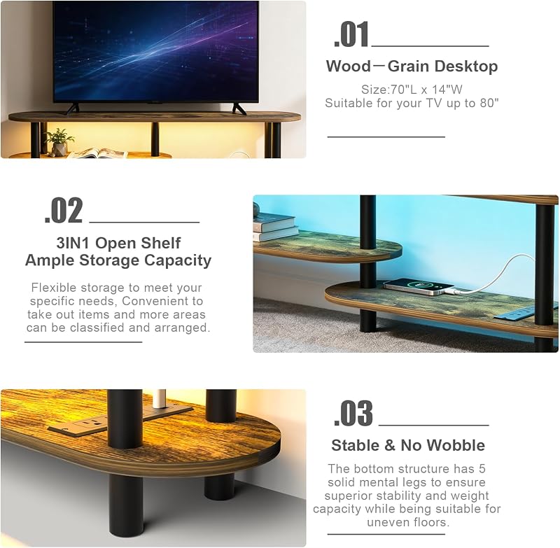 70" Amber Curved Entertainment Center with Smart RGB Light& Outlet image 5
