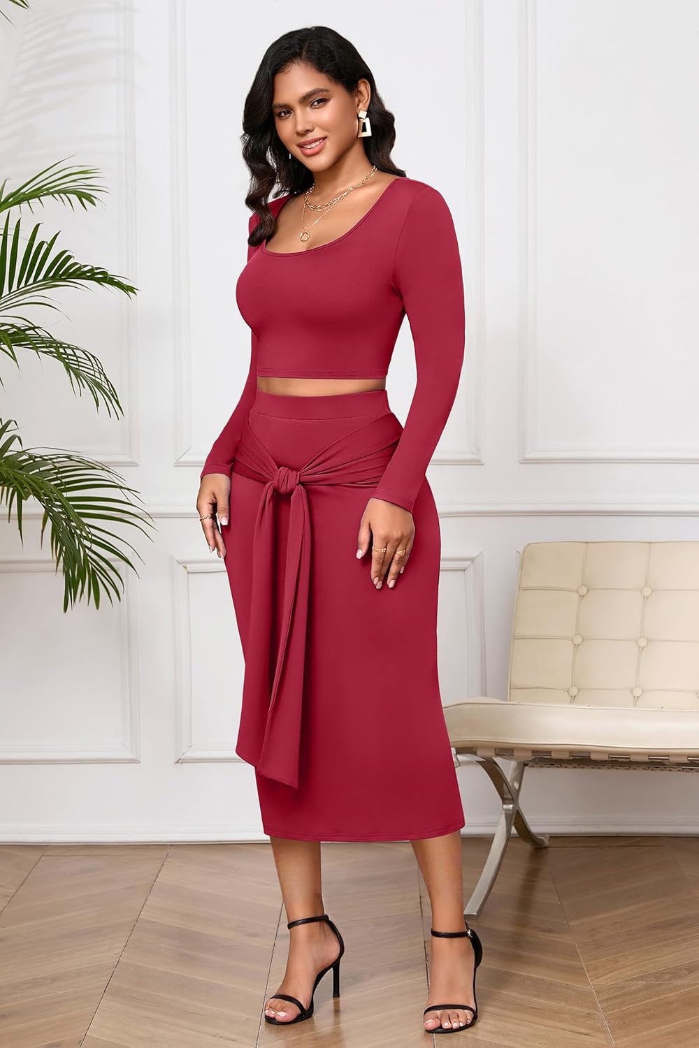 FANDEE 2 piece skirt sets for women, Long Sleeves round neck top and High Waisted Midi Skirt, womens set for Valentine's,Homecoming,red,M - Image 4