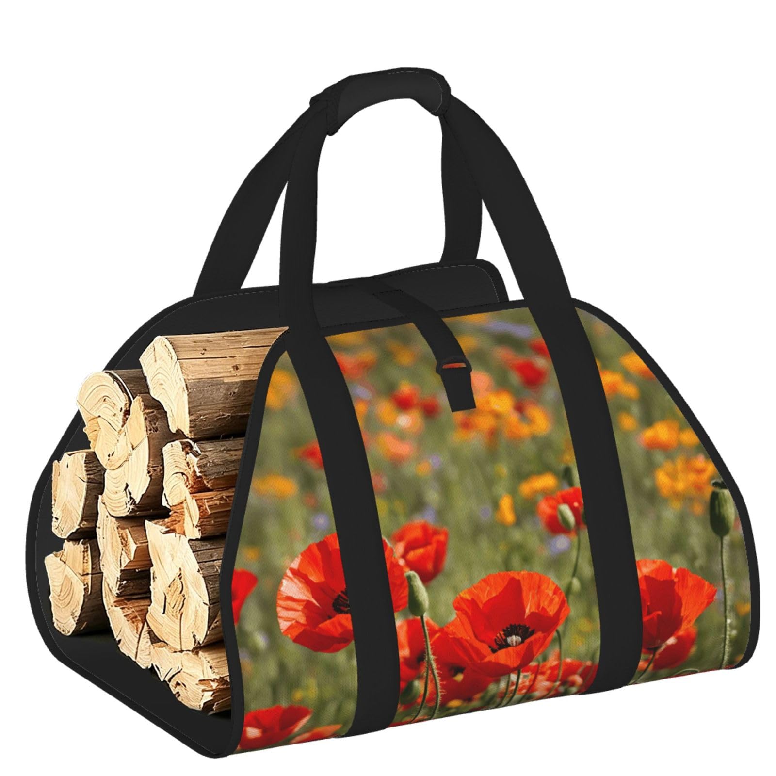 Pphgut Black Poppy Flowers Print Firewood Bag Wood Carrier Transport Sack Camping Picnic Storage Daily Home