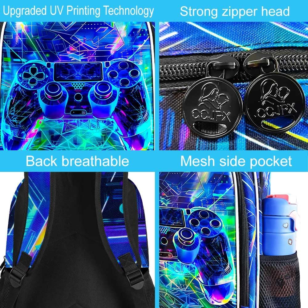 CCJPX 3Pcs Gamer Backpack for Boys, 16 Inch Water Resistant Preschool Bookbags, Cool Kindergarten School Backpacks with Lunch Box（Blue）