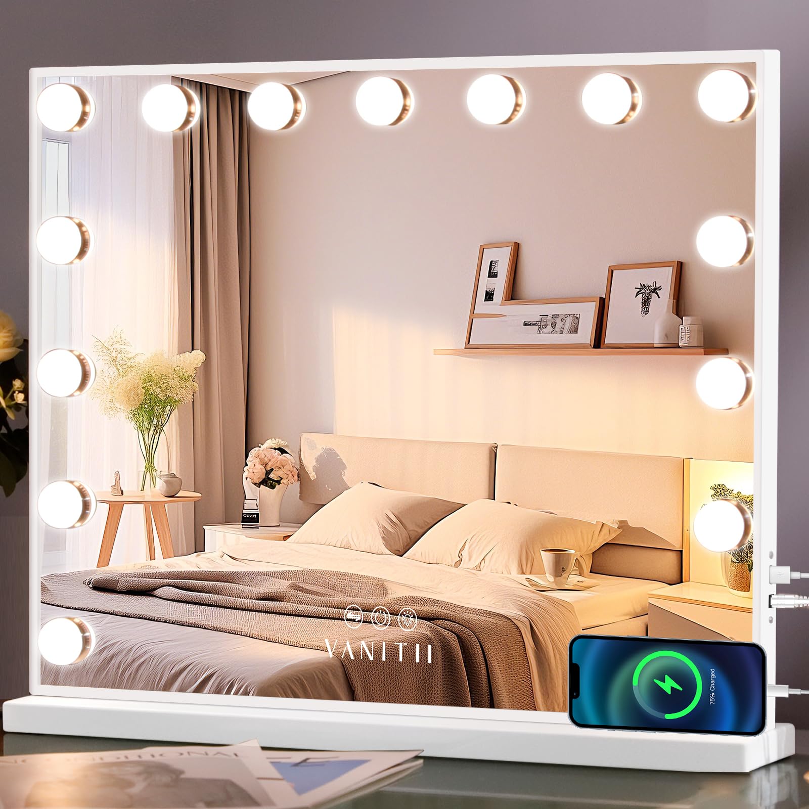 Hollywood - Espejo de tocador con luces, carga USB, 22.8 x 18.1 pulgadas, espejo de maquillaje iluminado con 15 bombillas LED regulables, 3 modos de mesa para cosméticos