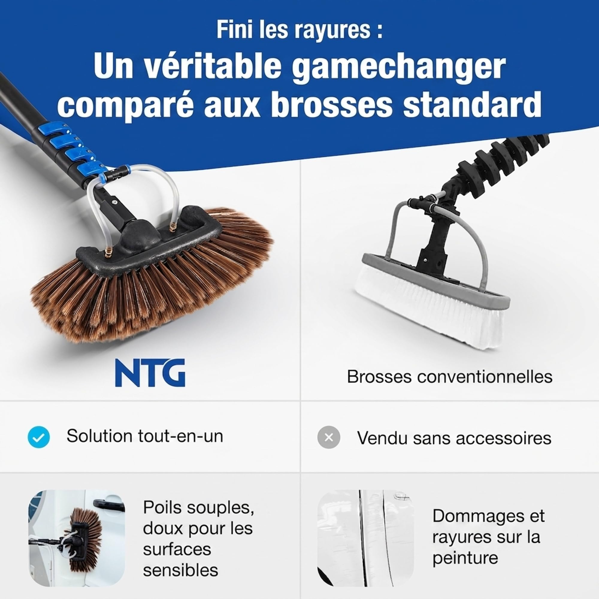 NTG Balai-brosse télescopique 4,6m 3-en-1 avec tête de brosse extra douce | Chiffon en microfibre & décapeur + raccord d'eau | Ensemble de nettoyage pour véranda et installation PV, Balai-brosse avec