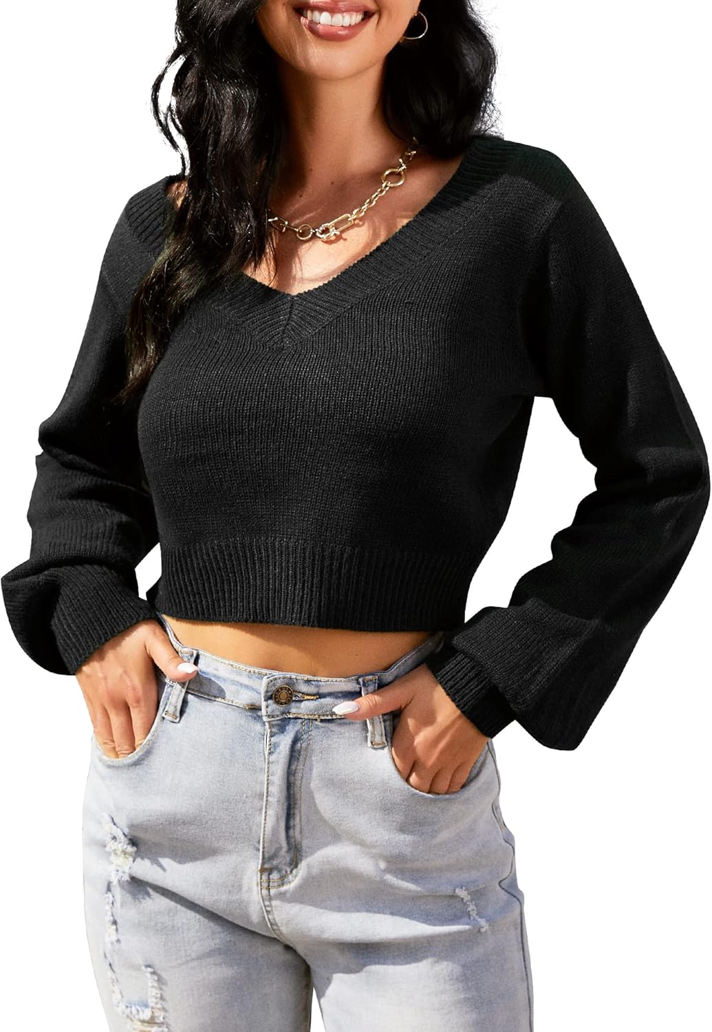 ZAFUL Women's Cropped Sweater V-Neck Long Sleeve Crop Sweater Pullover Jumper Knit Top - Image 2