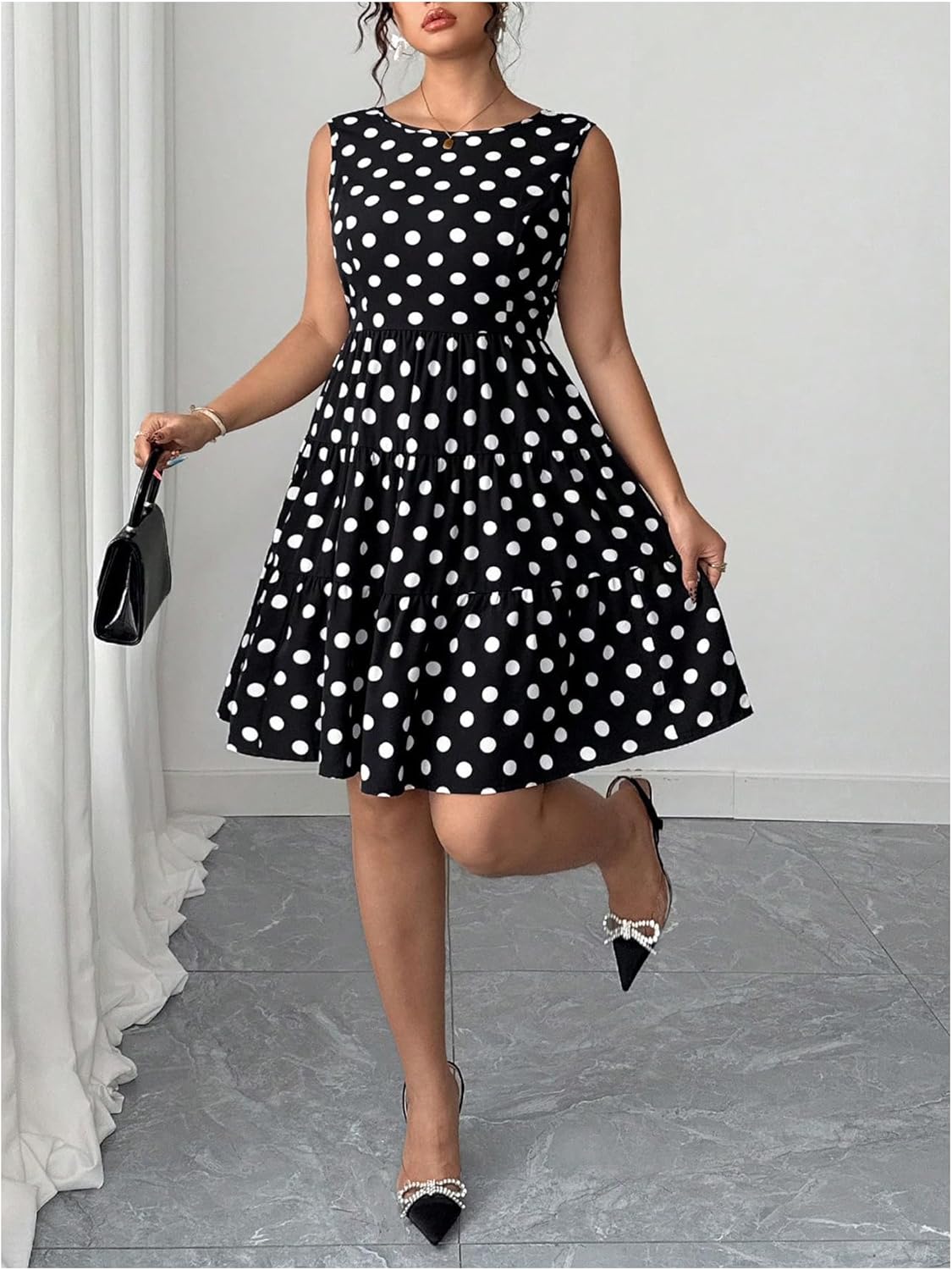 Verdusa Women's Plus Size Polka Dots Bowknot Flowy Dresses Backless Pearl Chains A Line Dress - Image 5