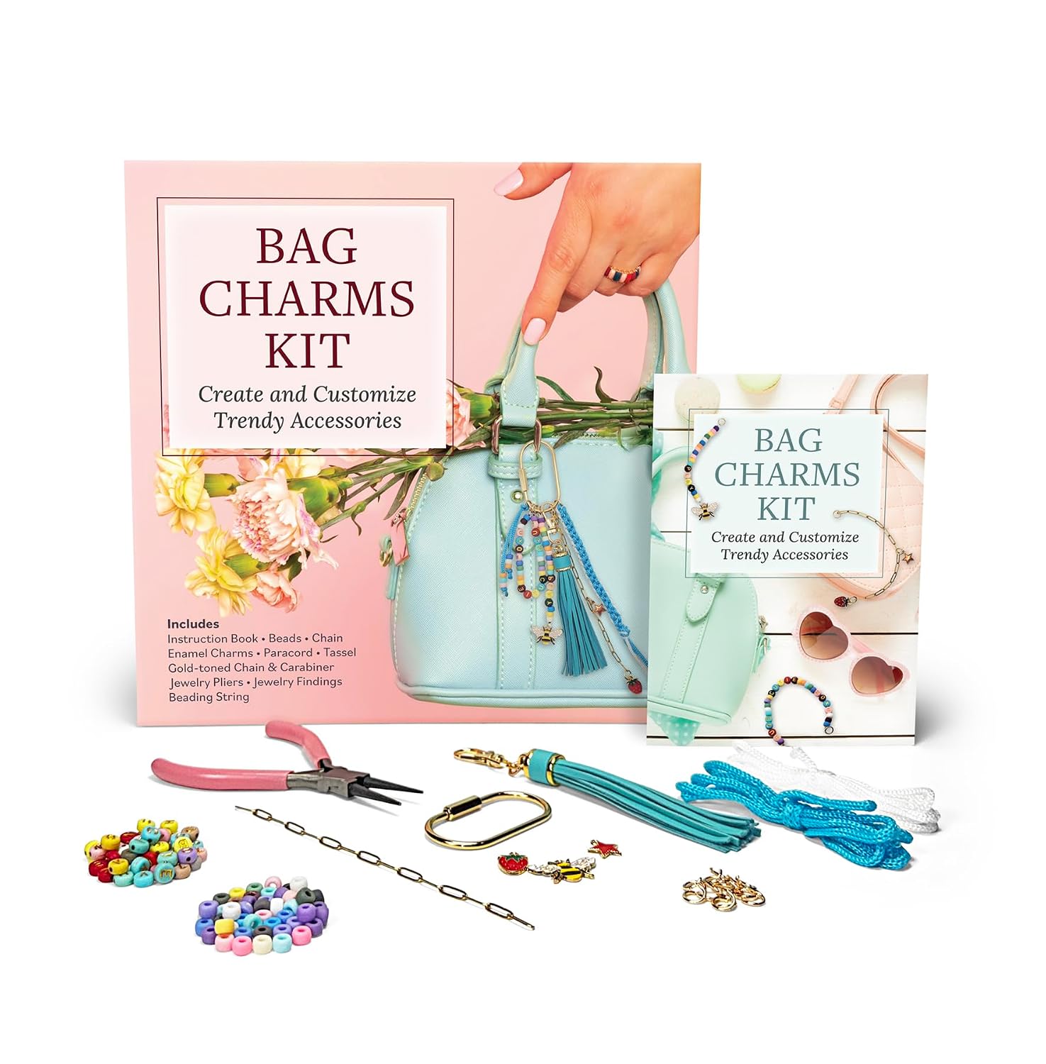 Bag Charms Kit: Create and Customize Trendy Accessories - Includes: Instruction Book, Beads, Chain, Enamel Charms, Paracord, Tassel, Gold-toned Chain ... Pliers, Jewelry Findings, Beading String