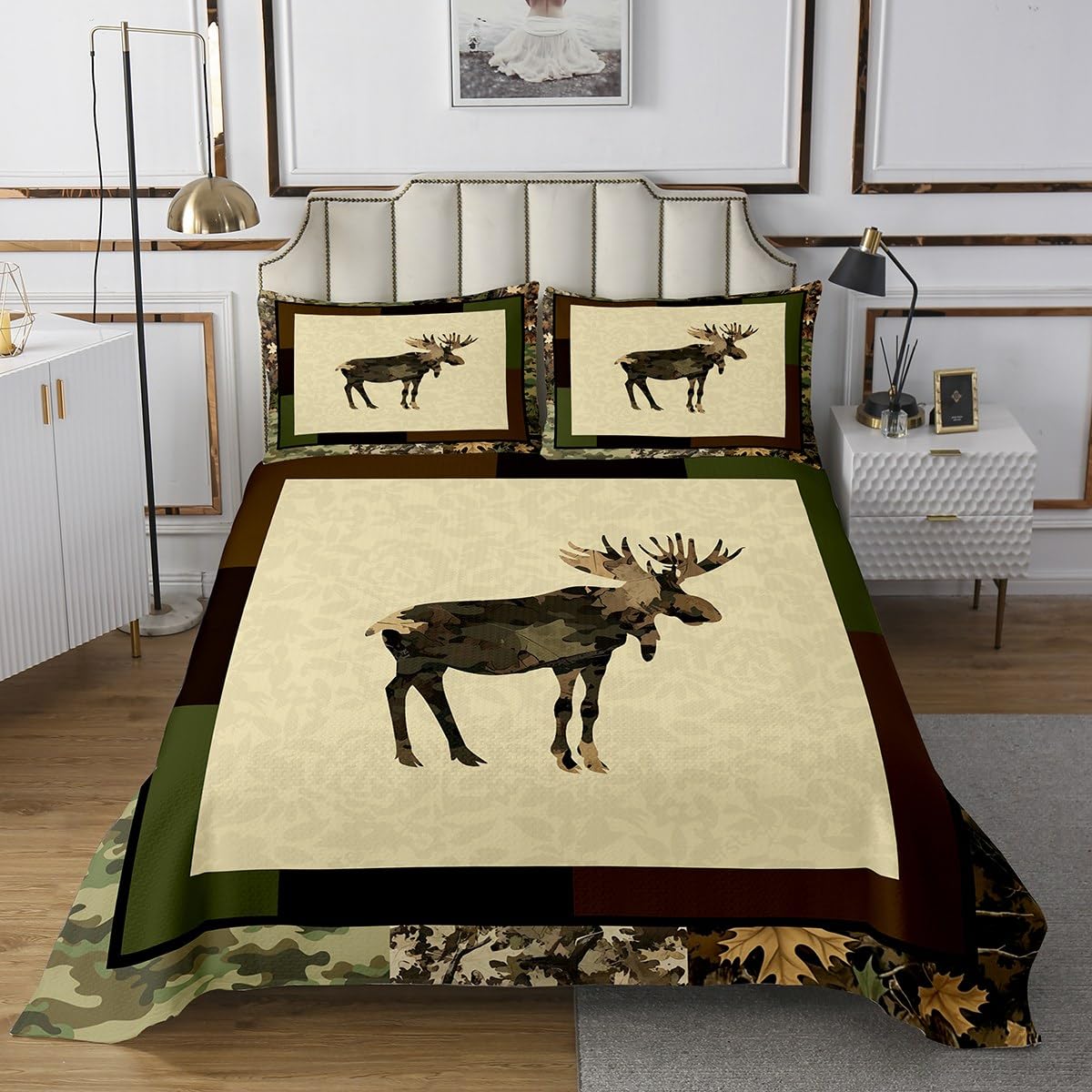 jejeloiu Cute Moose Bedspread Queen Size Kids Camouflage Quilted Coverlet for Boys Teens Deer Hunting Antlers Wild Animal Coverlet Set Lodge Cabin Farmhouse Quilted Room Decor