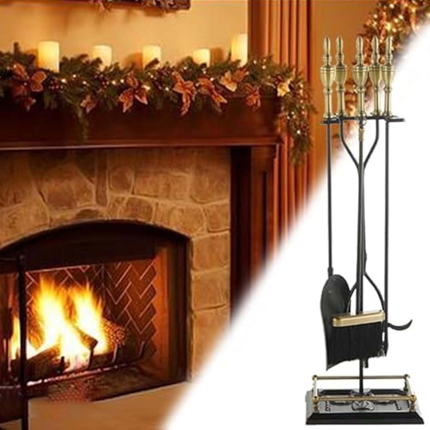 Black Gold Fireplace Tools Set, Log Burner Accessories Ornate Metal Organizer for Indoor Fireplace Outdoor Fire Pit, Luxury Two-Tone Design