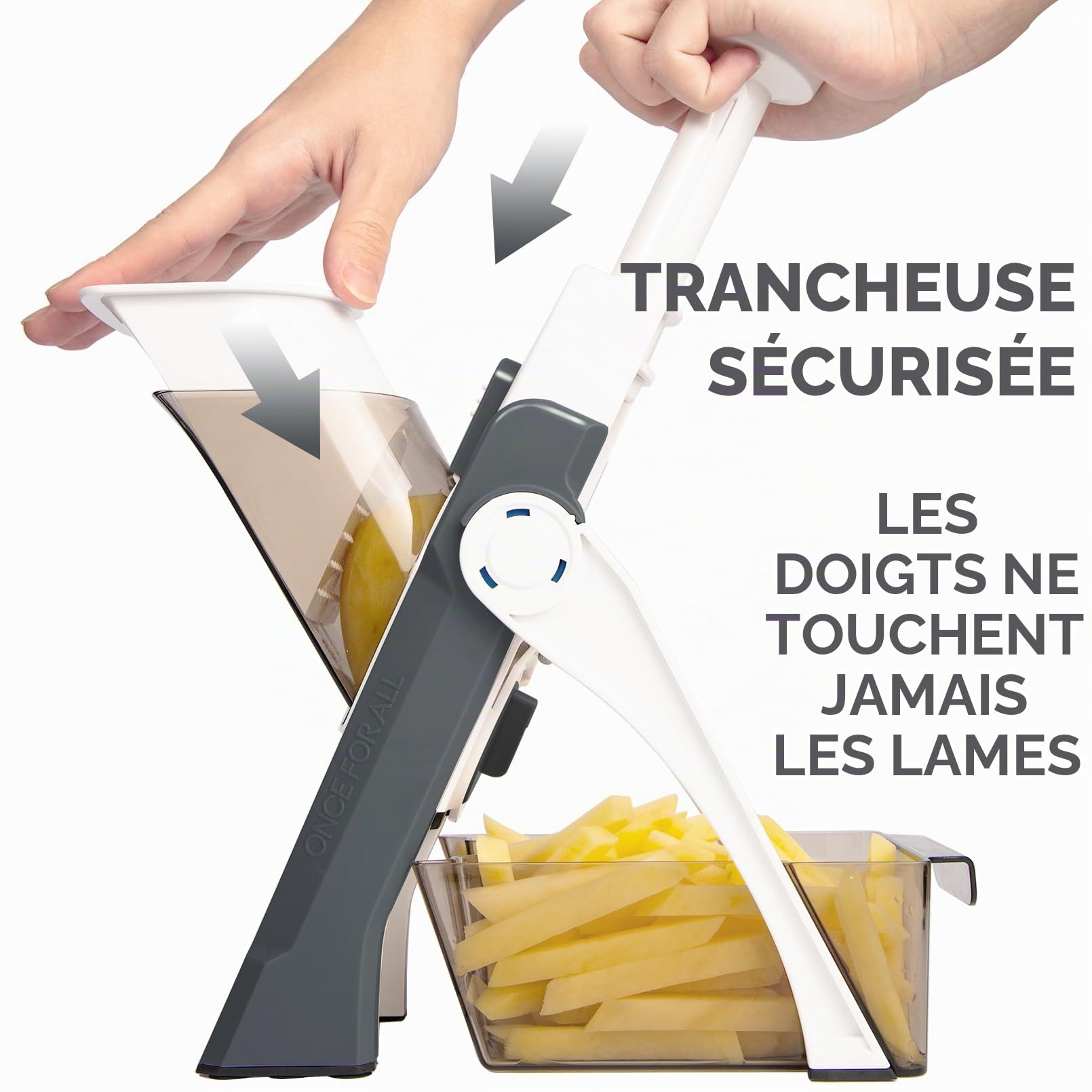 ONCE FOR ALL Mandoline de Cuisine Manuelle Multifonction | Tous Coupe Légumes Lame en acier inoxydable, Julienne, Cubes, Fcoupe Patate Frite carotte, tomate