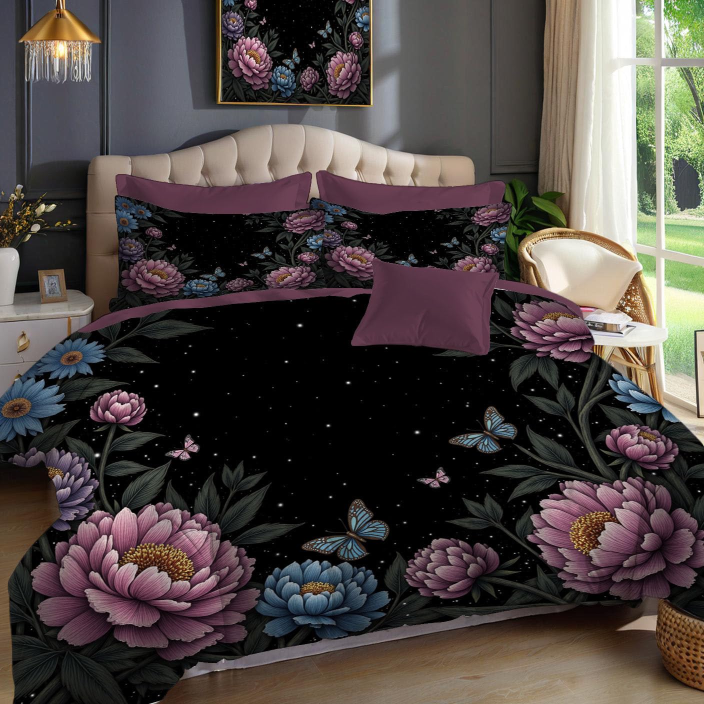 Housse de couette 200x200 motif papillon floral avec taies d'oreiller 65x65