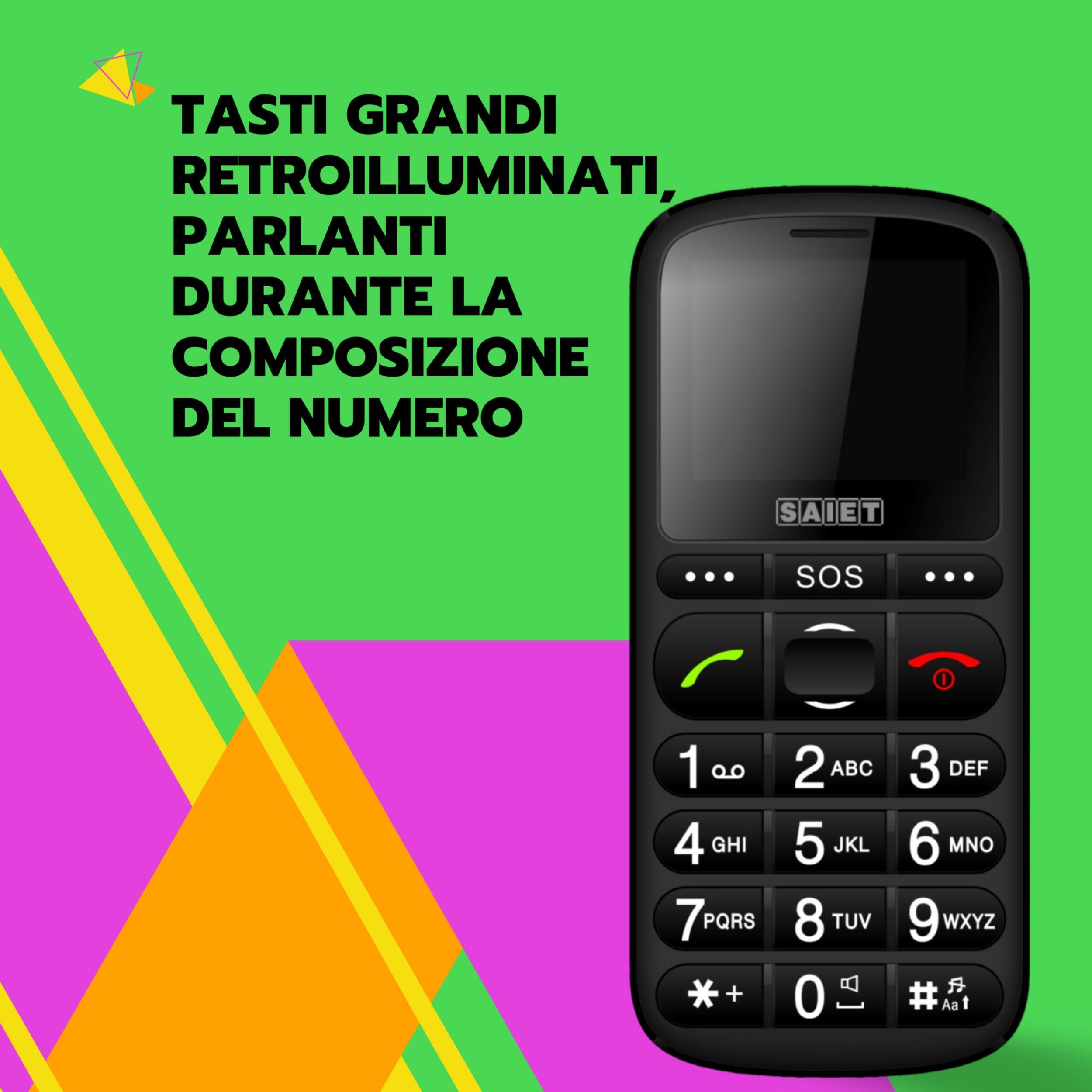 SAIET - Cellulare per Senior Facile da Usare PRONTO MAX - Telefono con Tasti Parlanti e Caratteri Grandi - Ideale per Anziani - Nero