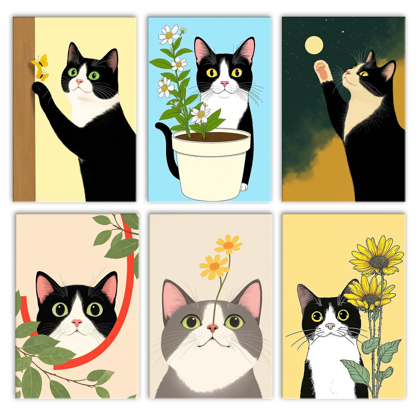 Walarky Funny Cat Drawing Paint by Number Adults Set of 6 Flower Plant Animal Playing Digital Oil Painting Frameless