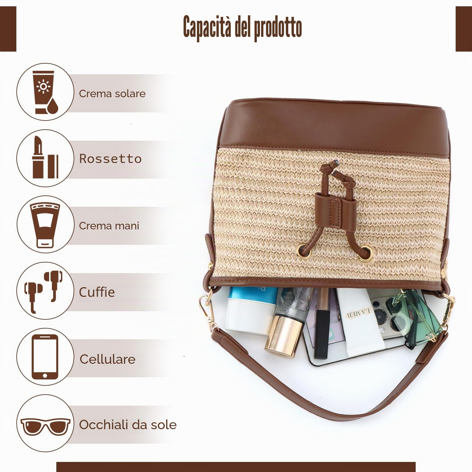 Donne Coulisse Borsa Secchiello di Paglia Borsa a Tracolla Estiva Intrecciata a Mano per le Vacanze in Spiaggia