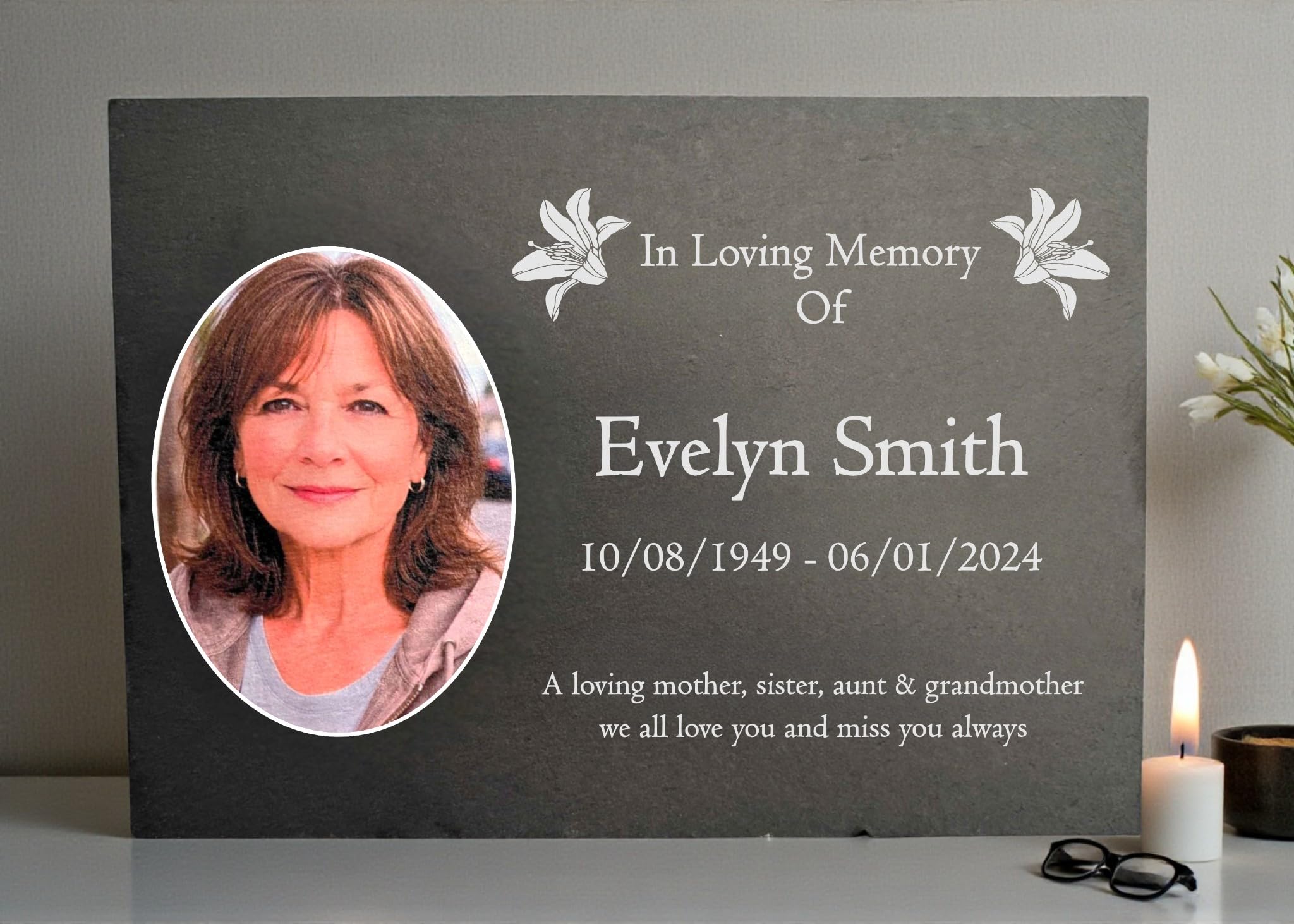 Photo Slate Memorial Plaque, Lilys, Add a Portrait & Personalised Text | 35×25cm (14×10”)