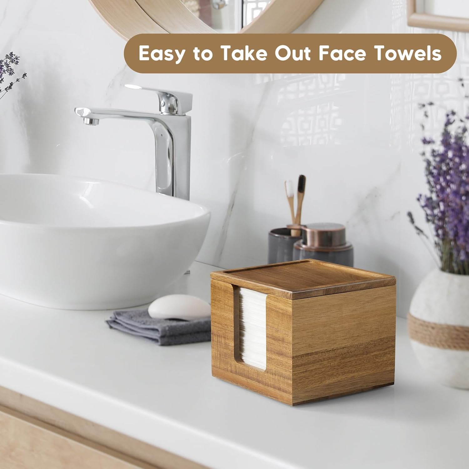 Disposable Face Towel Holder Box - Acacia Wood Facial Container Compatible with Clean XL - Towel Storage Makeup Organizer for Vanity, Bathroom Organization (Excluding Facial Towels)
