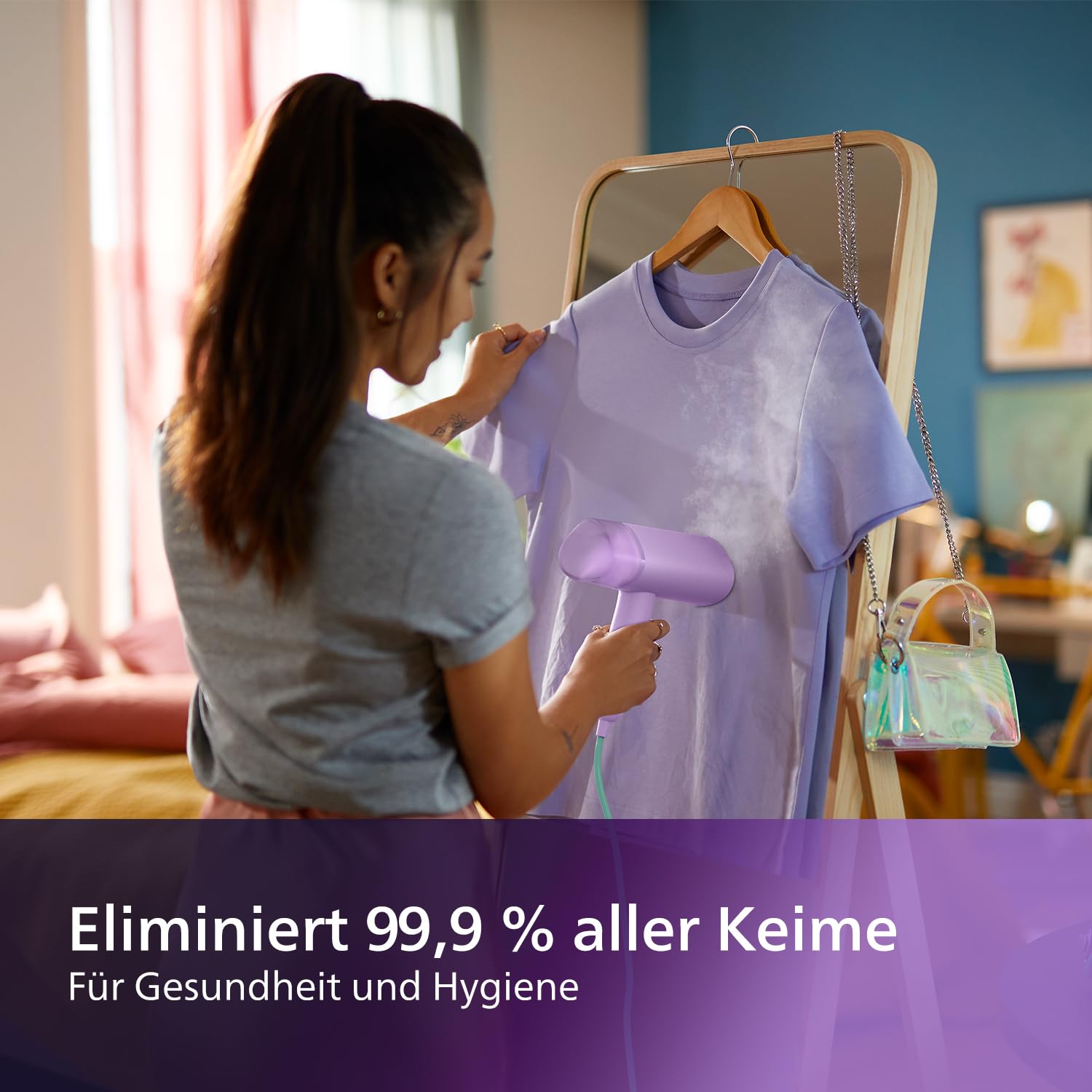 Philips 3000-Serie Tragbarer Dampfglätter - 1000 W, Dampfleistung 20 g/min, 100ml Wassertank, Kein Bügelbrett erforderlich, Inklusive Aufbewahrungstasche, 630g geringes Gewicht, Lila (STH3010/30)