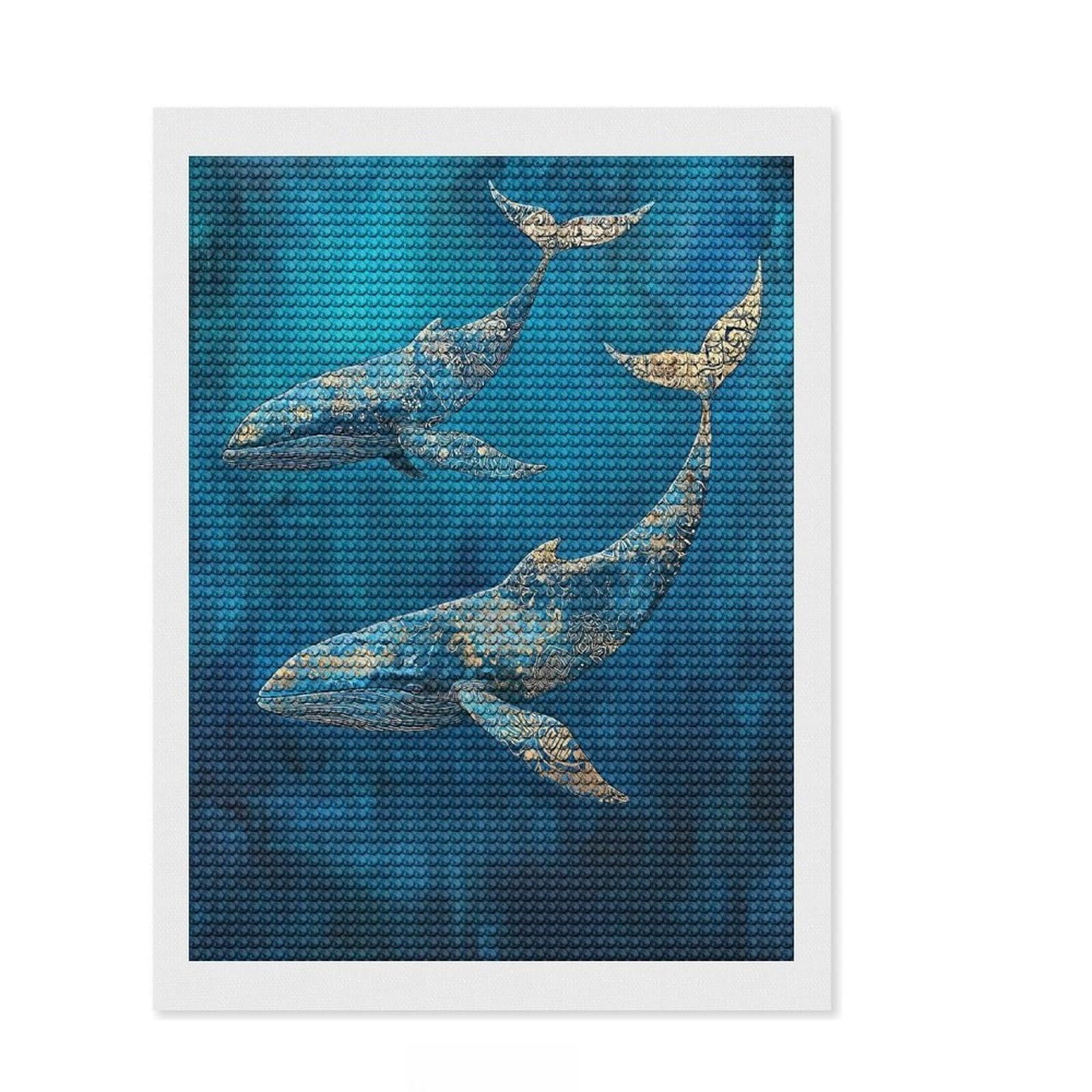Junmoney Majestic Whales of Gold - Two Whales in Blue DIY Diamond Art Canvas Kit 12"x16", for Adults, Boho Decor, Full Kit Included, Artistic Hobby, Arts and Crafts