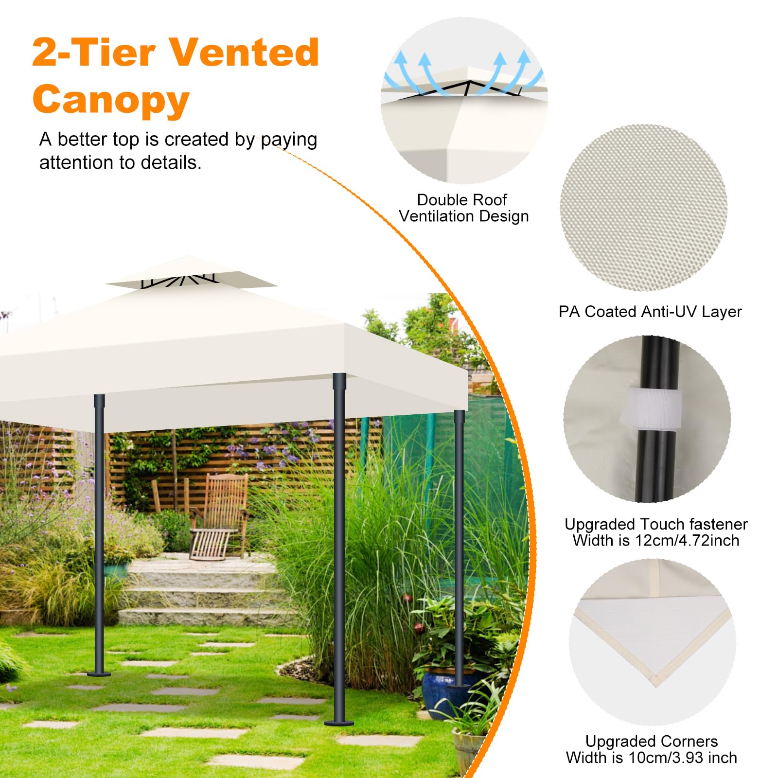 Telo Gazebo 3x3 m Impermeabile Anti-UV, 2 Livelli Tetto di Ricambio per Gazebo, Tenda da Sole Gazebo Rimovibile, 300D Poliestere Telo Ricambio Gazebo per Giardino, Patio, Esterni (Beige)