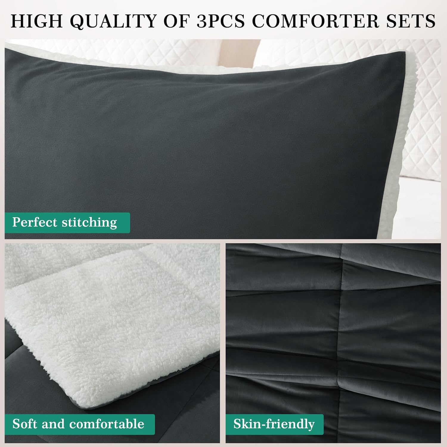 MERITLIFE Fluffy Sherpa Queen Size Bedding Comforter Sets Queen Comforter Set-3 Pieces Bed in a Bag Dark Grey Soft Comforter and Pillowcase Luxury Warm Bedding Set for Winter