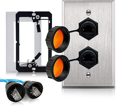 Placa de pared Ethernet para exteriores con conector doble impermeable RJ45 CAT6 - Toma de pared Ethernet de acero inoxidable con acoplador IP68,