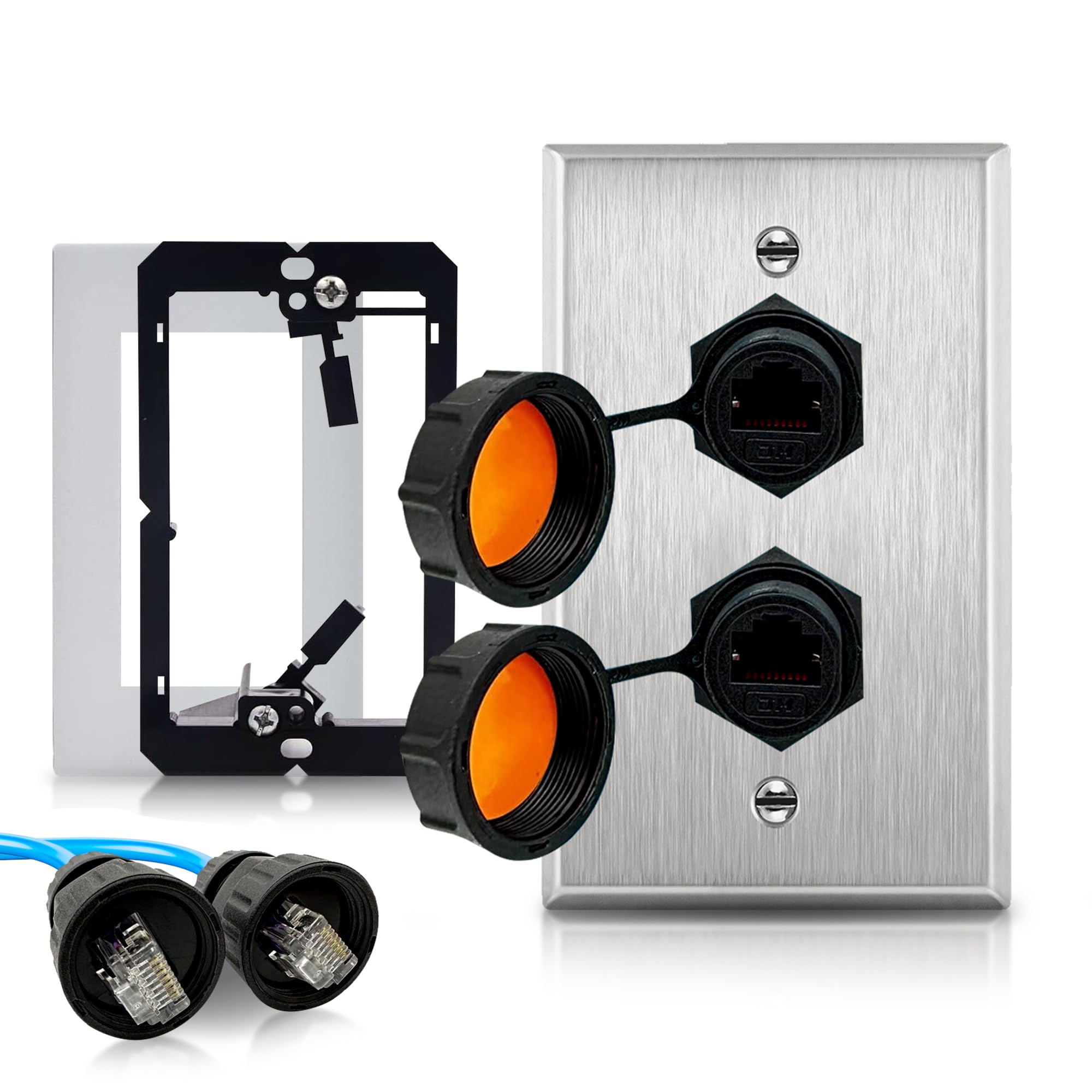 Outdoor Ethernet Wall Plate with Double Waterproof RJ45 CAT6 Jack - Stainless Steel Ethernet Wall Outlet with IP68 Coupler, Cable Gland, and Mounting Bracket