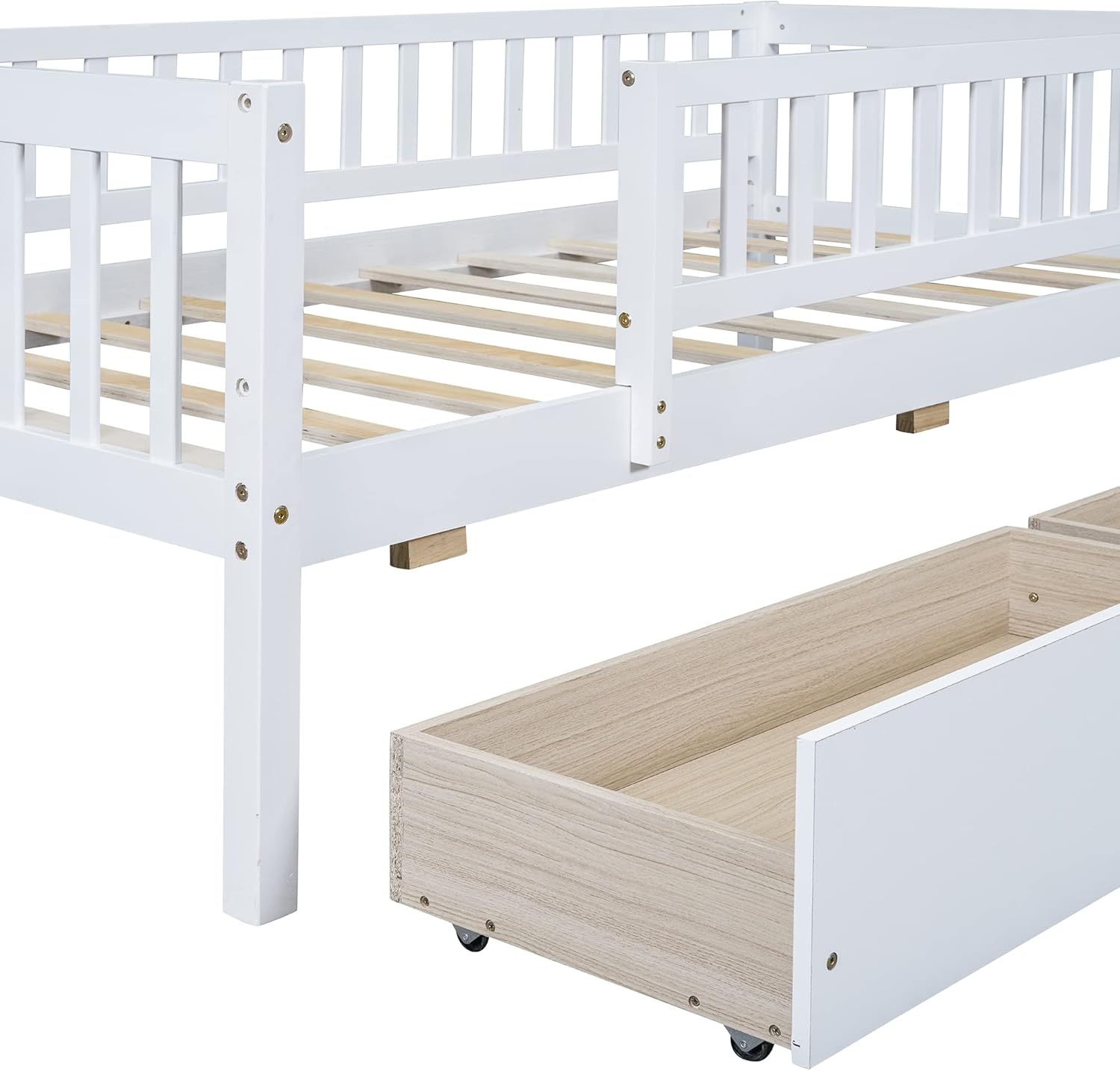 Twin Kids Bed Frame with Rails & 2 Storage Drawers,Wooden Low Montessori Bed with Full-Length Safety Guardrails,Twin Size Daybed with Slat Support for Boys Girls,Easy Assembly,Space Saving,White