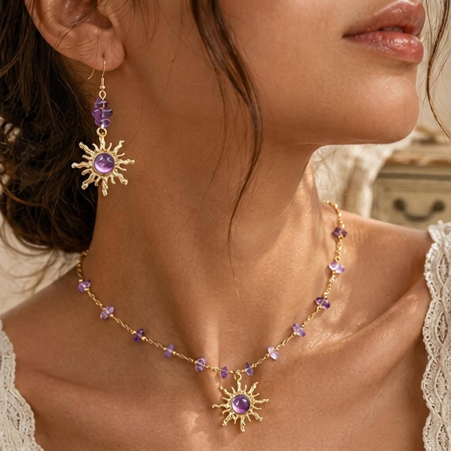QCWN Rapunzel Tangled Sun Necklace Purple Crystal Jewelry Set