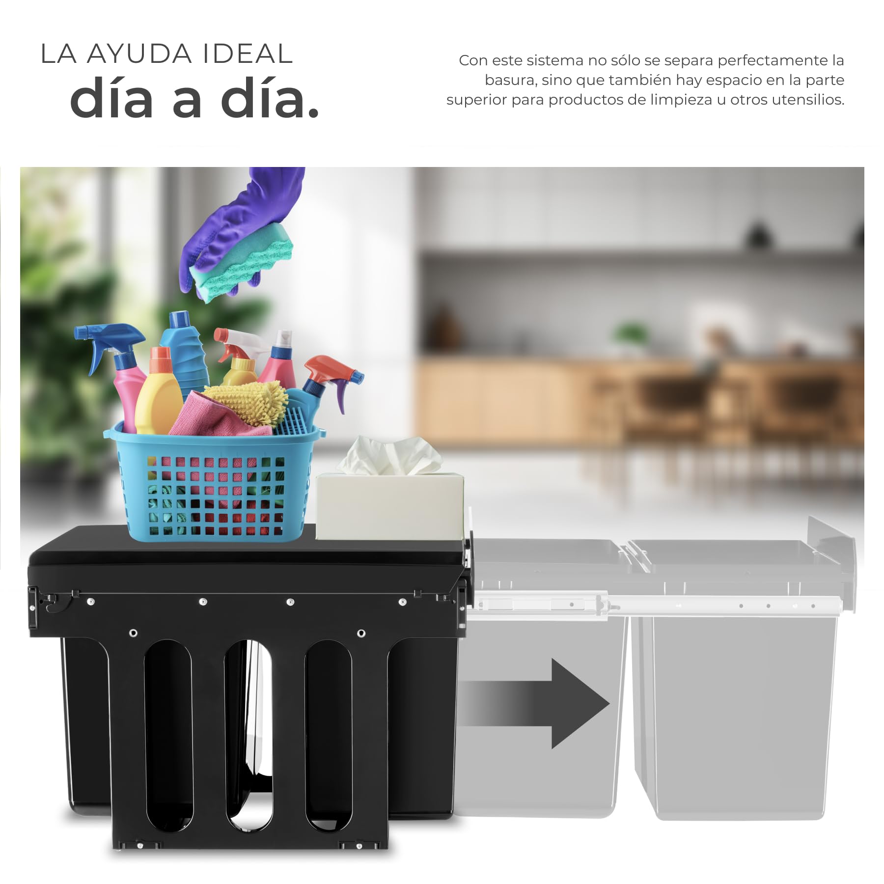 tectake® Cubo de Basura Extraíble, Triple, 30L, Papelera Cocina con Guías Telescópicas, 2 Contenedores Separados para Reciclaje, Cubo Basura Cocina, Fácil Montaje, Material Resistente - 2x 15L
