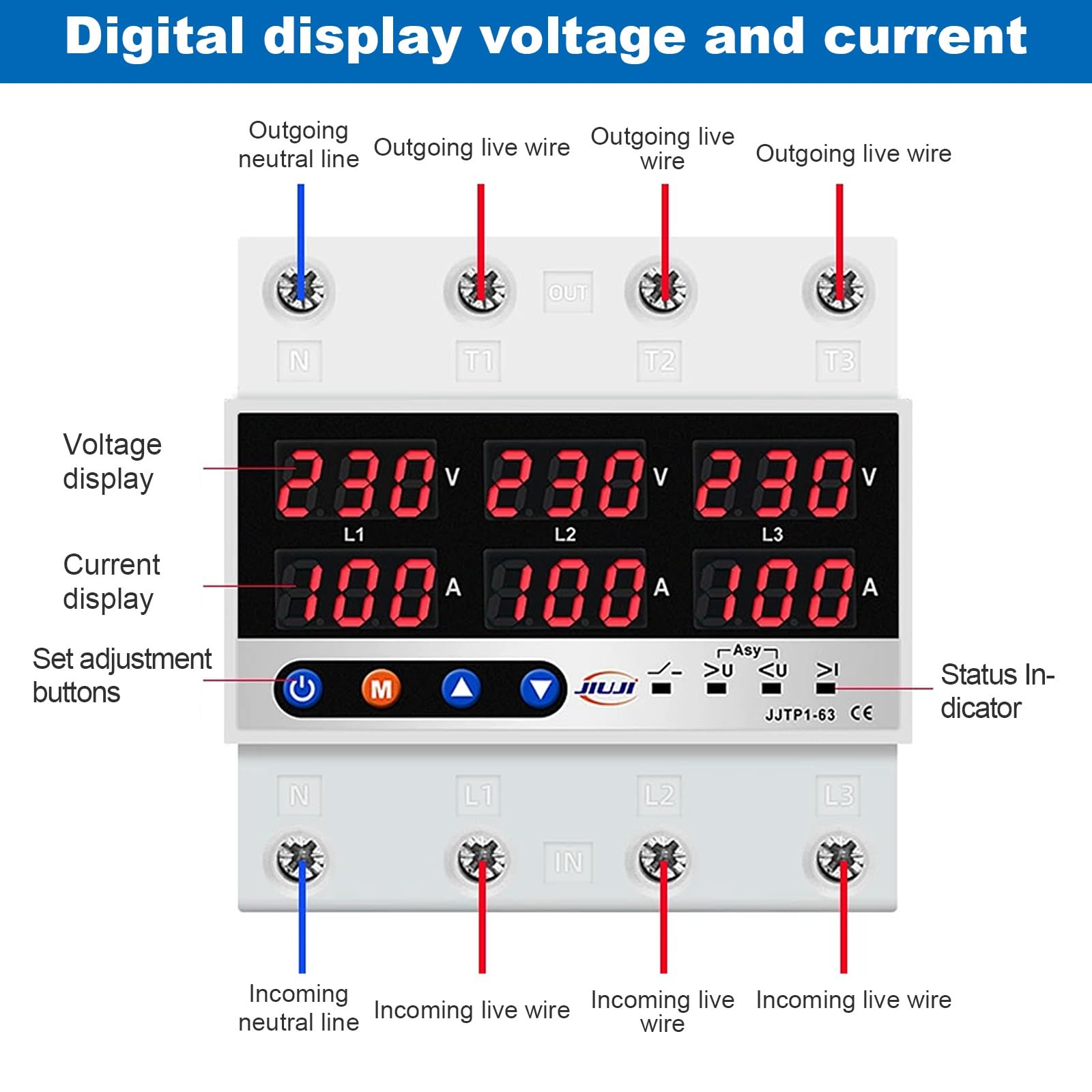 Jadeshay Protettore di Sovratensione e Sottotensione,AC220V 63A Stabilizzatore di Tensione con Doppio Display LED Relè di Ripristino Regolabile,Protezione Trifase a Bassa Tensione