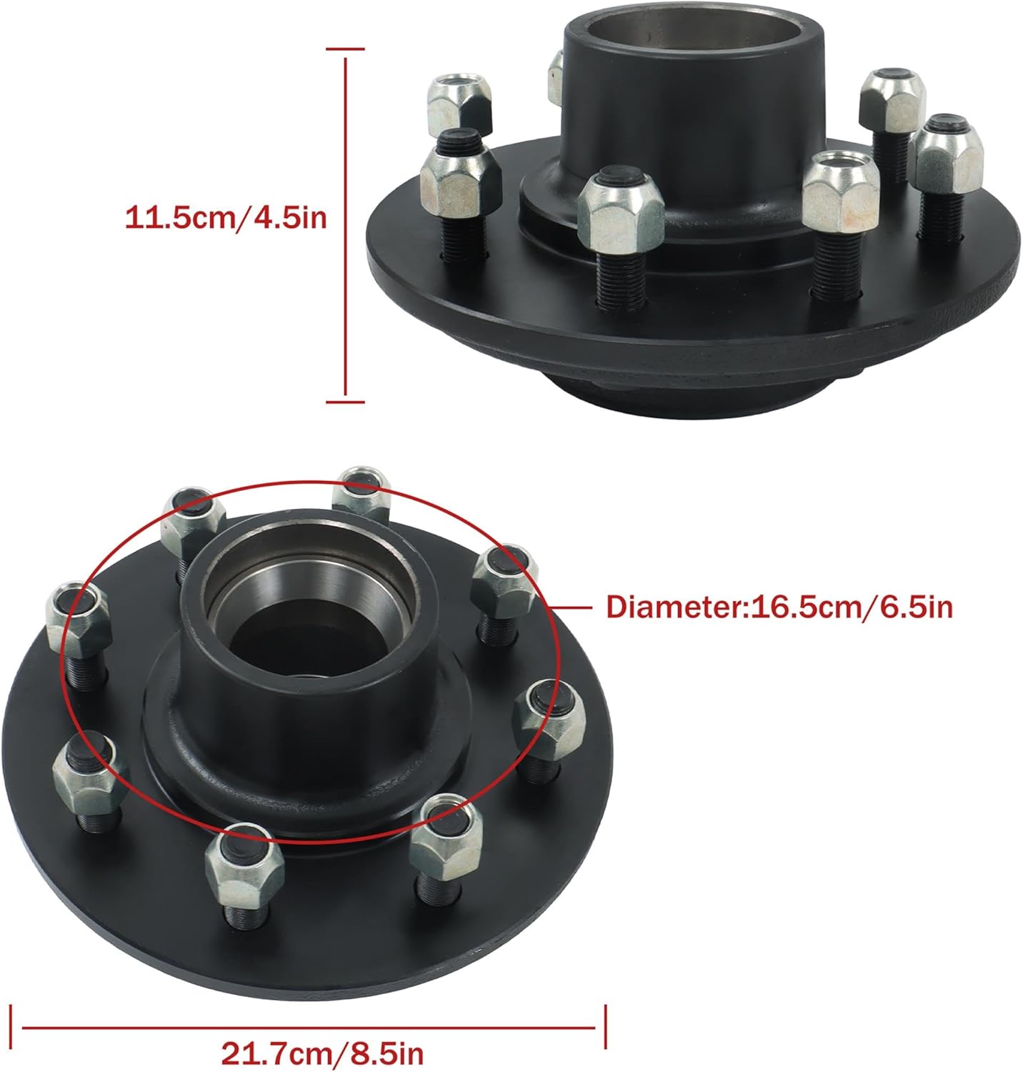 8 on 6.5 Inch Bolt Circle 9/16 Inch Trailer Hub Round #42 Spindle with Trailer Bearing Kit