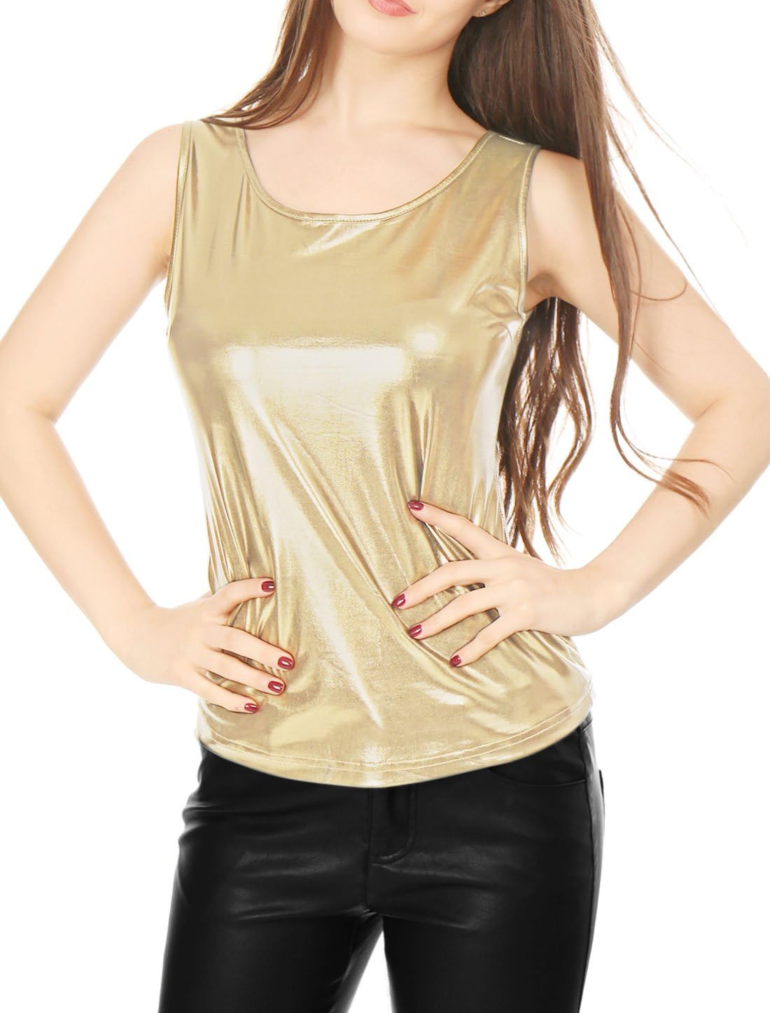 Allegra K Women's Shiny Top Party Club Cami Sparkly Metallic Tank Top - Image 4