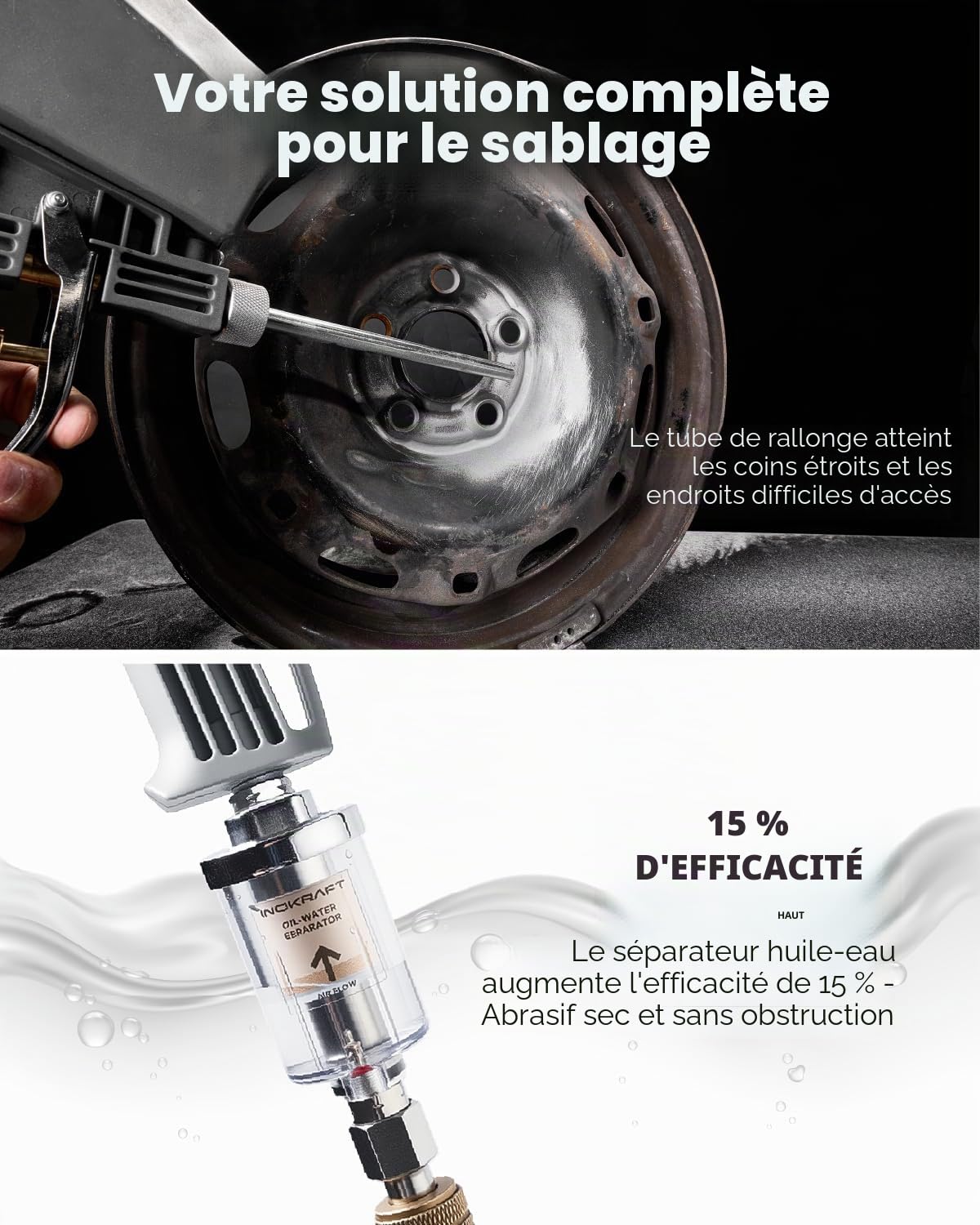 InoKraft Kit pistolet sablage portable avec séparateur huile-eau buse extension mini sableuse rouille peinture