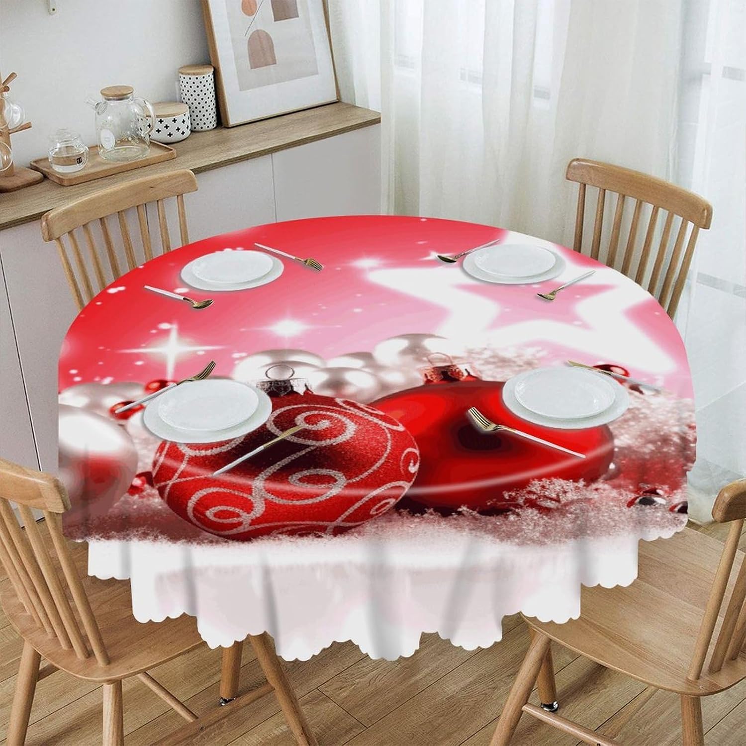 60 Inch Round Christmas Decoration Background Tablecloth Waterproof Heavy Duty Polyester Table Cloth Spill-Proof Wipeable Table Cover Decorative Circle Dining Tablecover for Party Outdoor