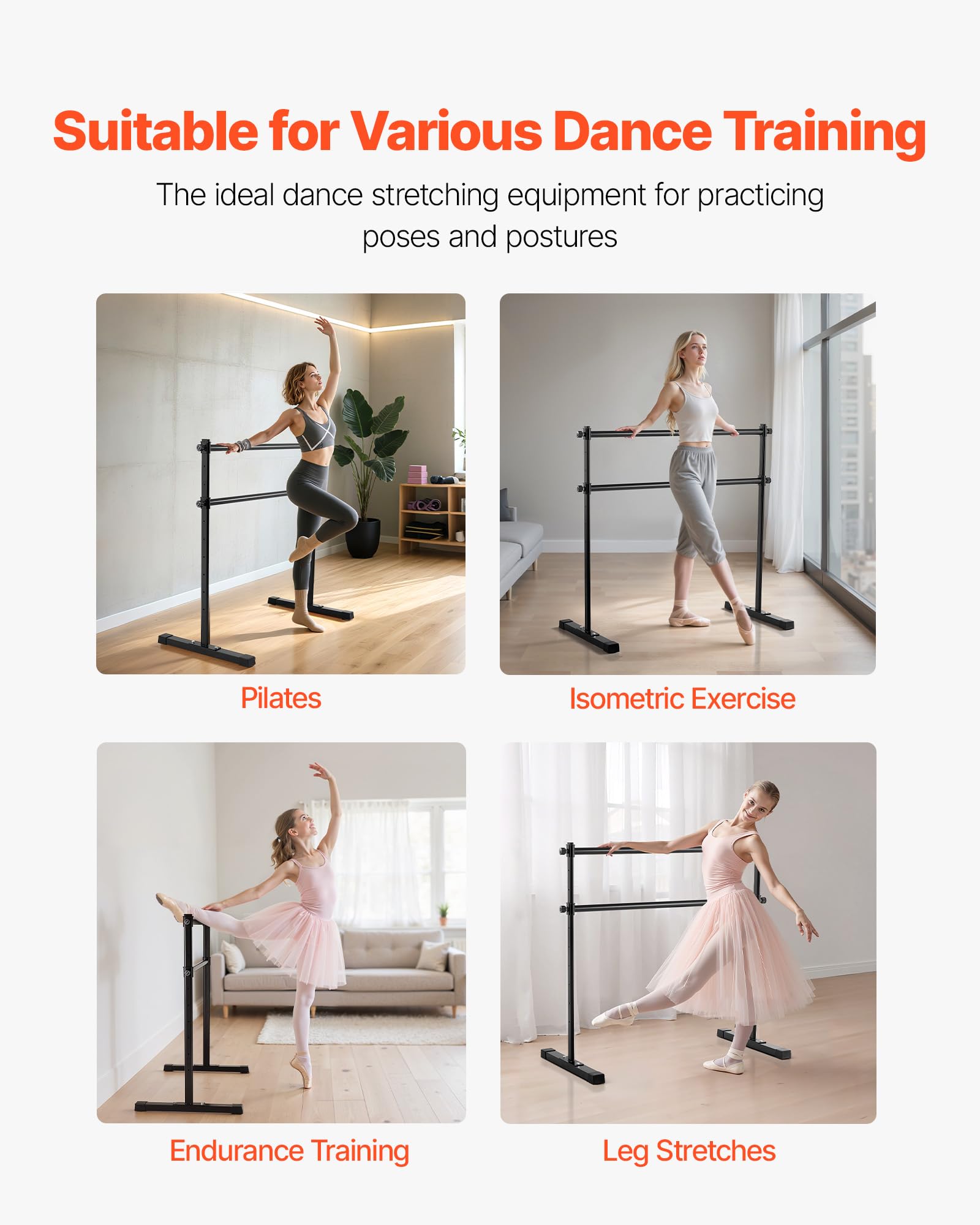 VEVOR Ballettstange Tanzstange freistehende Doppelstange, höhenverstellbare (10-stufig / 290-1205 mm) Stretchstange aus Metall für Ballettübung, Gleichgewichtstraining, Entspannungsübungen Tragbar