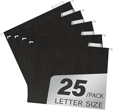pmybupo Hanging File Folders,25 Pack Letter Size Black Hanging File Folders with 1/5-Cut Tabs,11 Point Paper Stock,Bulk for Filing Cabinet