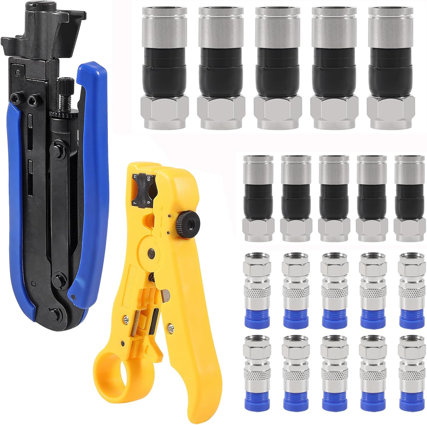 20Pcs F Type RG6 Compression Connectors Coaxial Cable Crimper Kit with Wire Stripper Repair Tool Compatible with RG59, RG6, RG11 Compatible Adjustable Tool for Satellite TV, Home Use