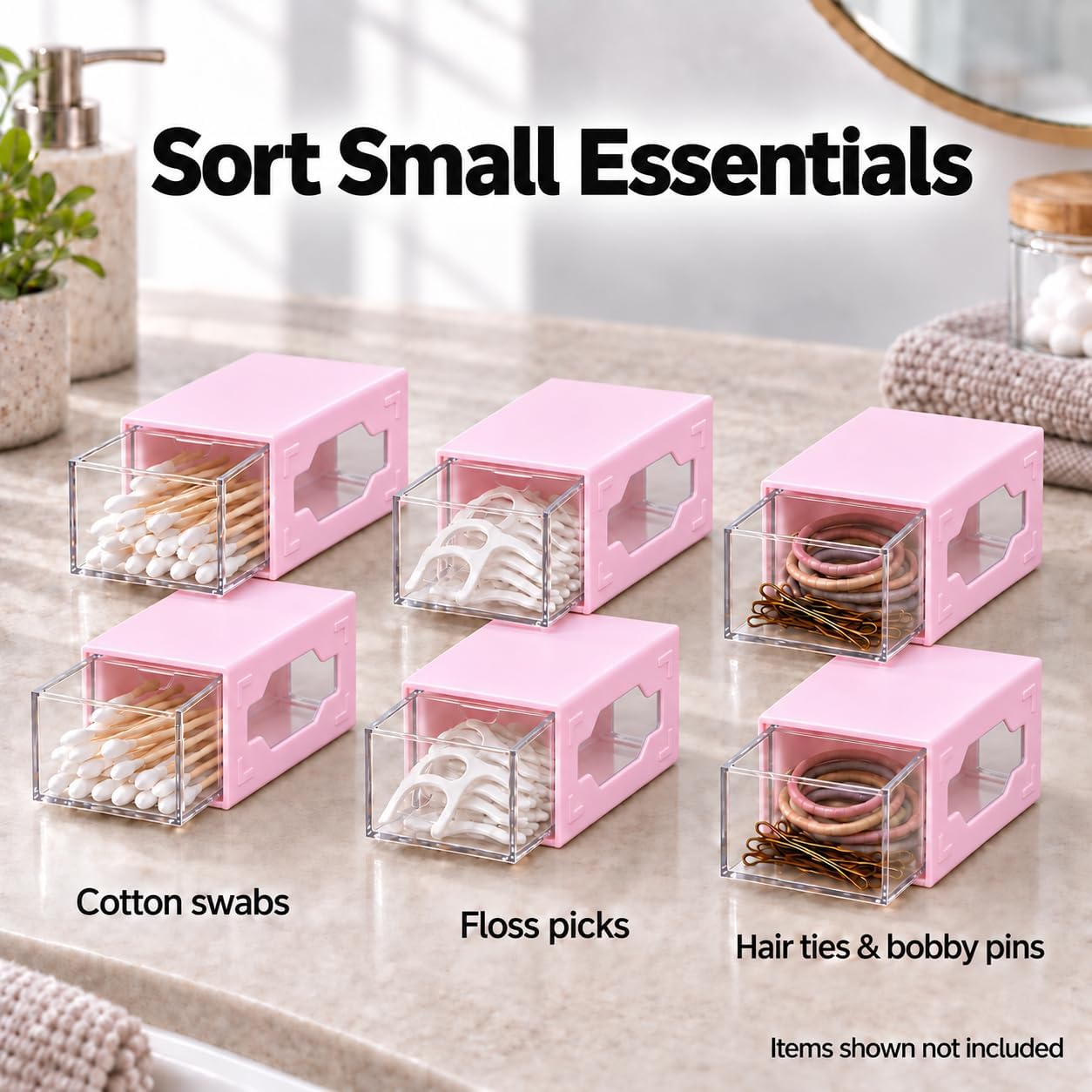 Bobby Pin Organizer, Mini Wall Drawers, 6-Pack (Pink)