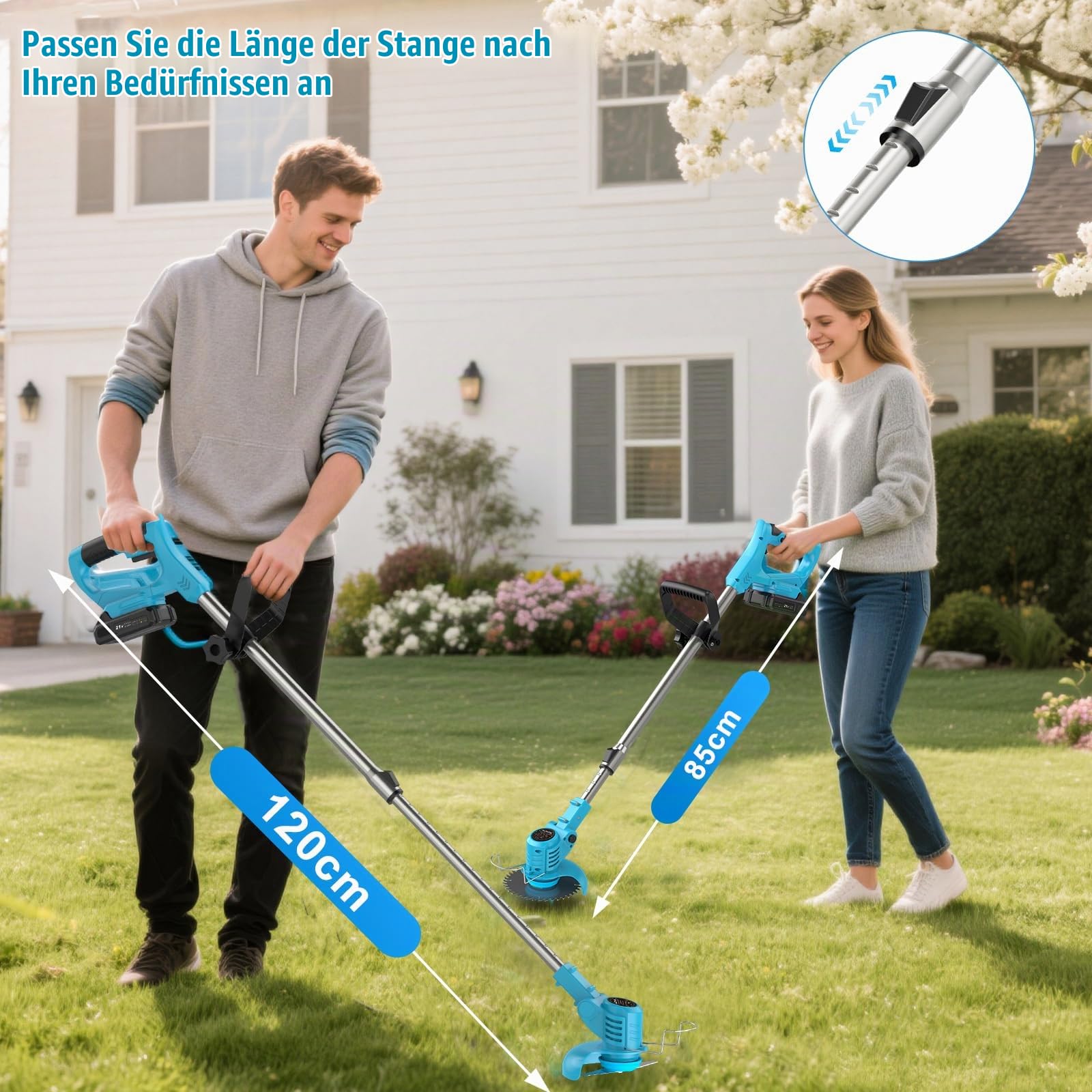 Rasentrimmer mit Akku 21V, KUZUPRO Akku Freischneider mit 2 Akkus 2.0Ah, 2 Arten von Metal Klingen Akku Rasentrimmer, Gartenschere, Verstellbarer Griff für Rasen Garten Beschneiden, Blau